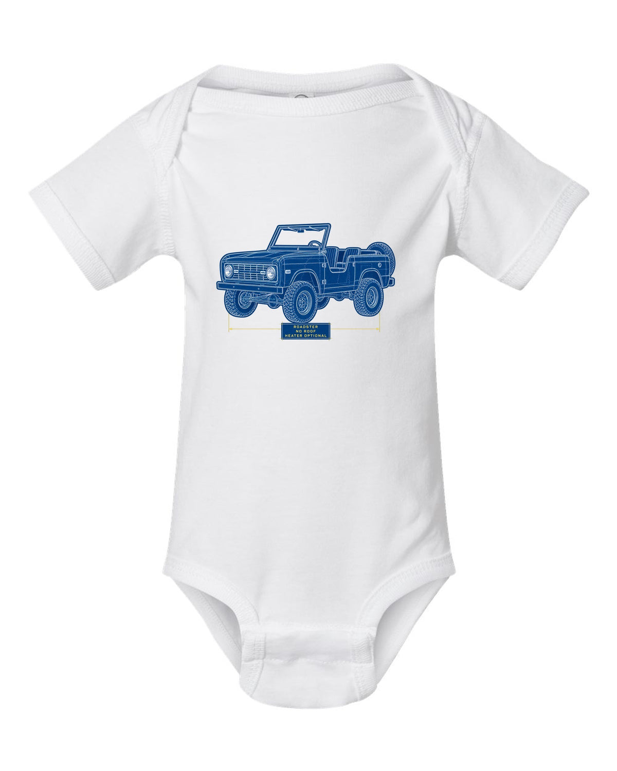 Cyanotype plan-view blueprint of a 1966 Ford Bronco U13 roadster on a trail map with NO ROOF lettering white baby onesie front view with the design