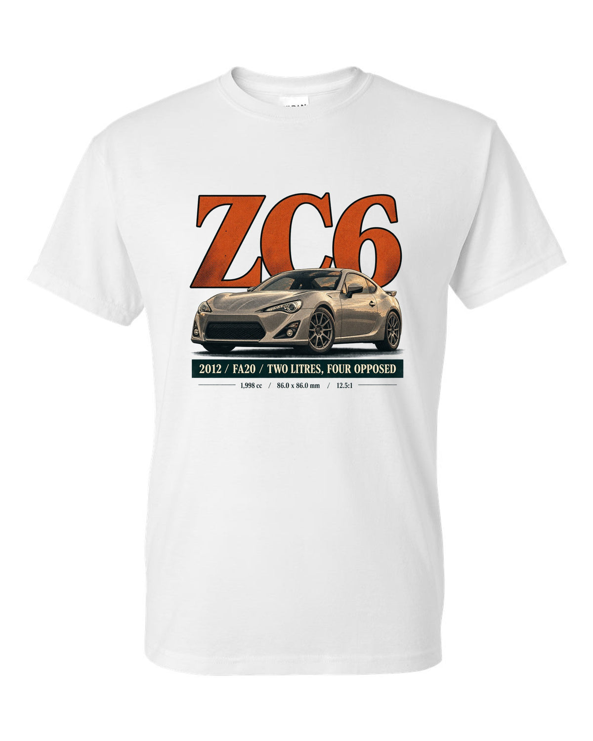 Magazine-style headline layout of a first-generation Subaru BRZ ZC6 print white t-shirt front view with the design