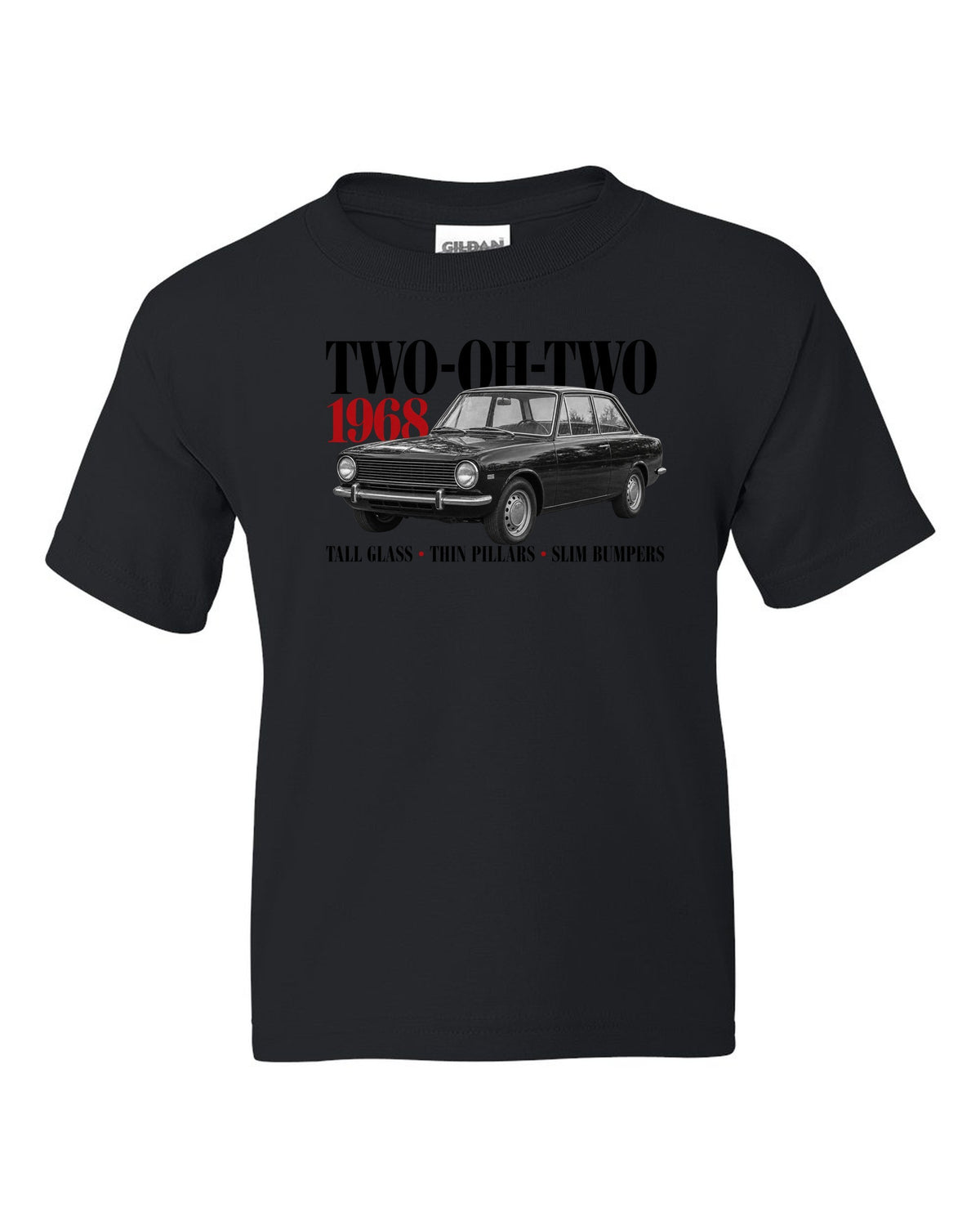 BMW 2002 editorial print with Two-Oh-Two 1968 headline and design details black kids tee front view with the design