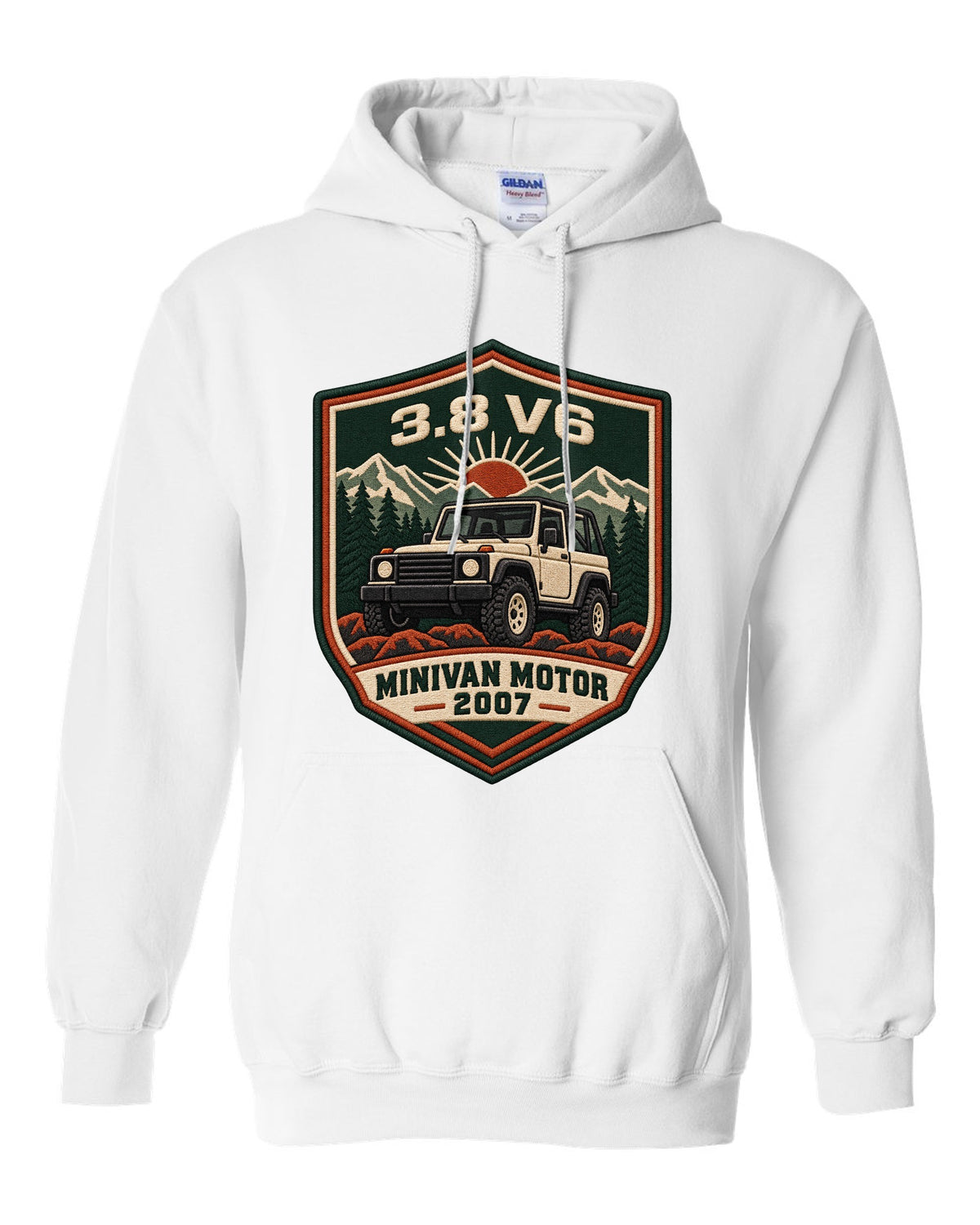 Jeep Wrangler JK varsity crest design with 3.8 V6 minivan motor 2007 text white pull over hoodie front view with the design