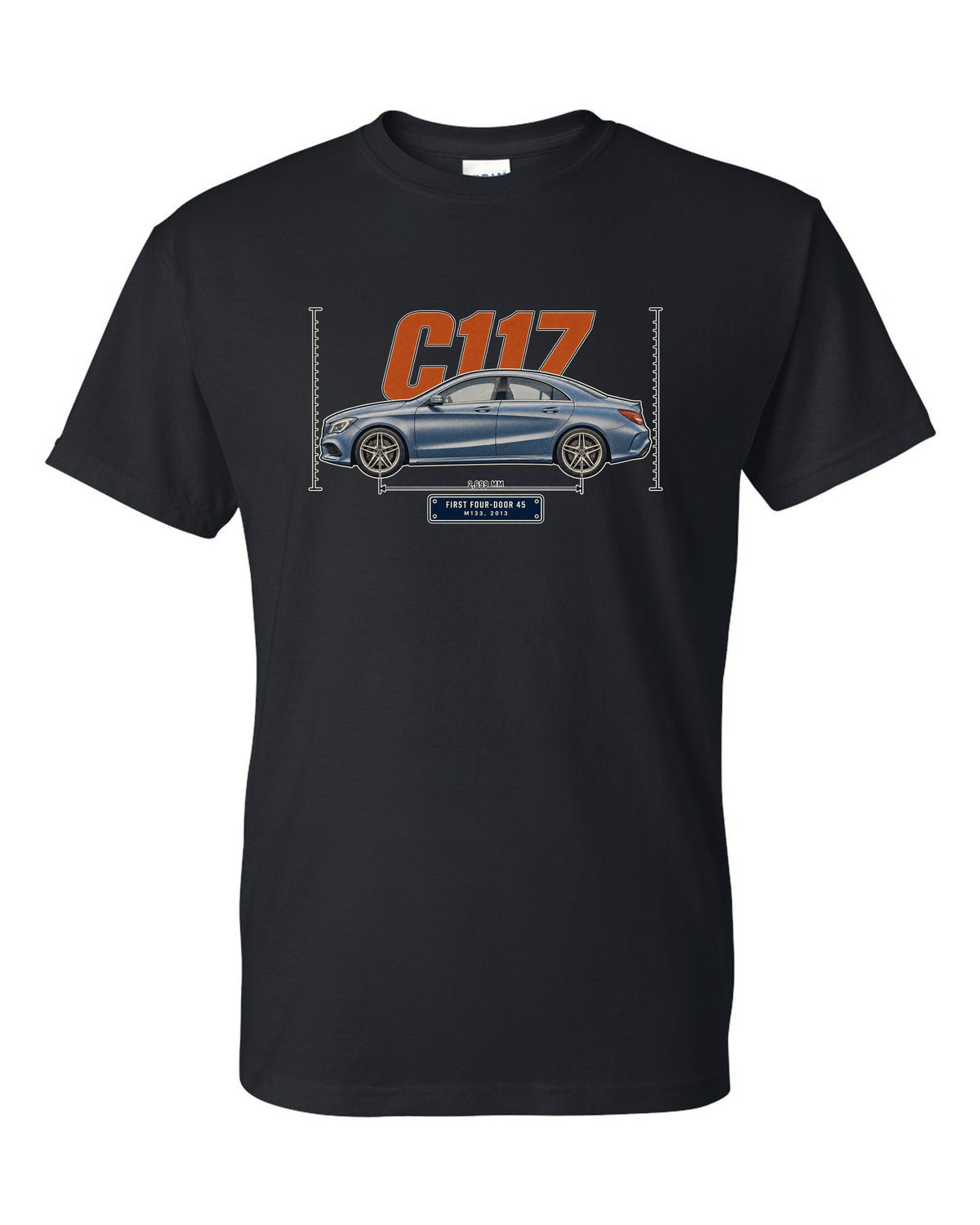 Mercedes-AMG CLA 45 C117 sedan halftone print black t-shirt front view with the design