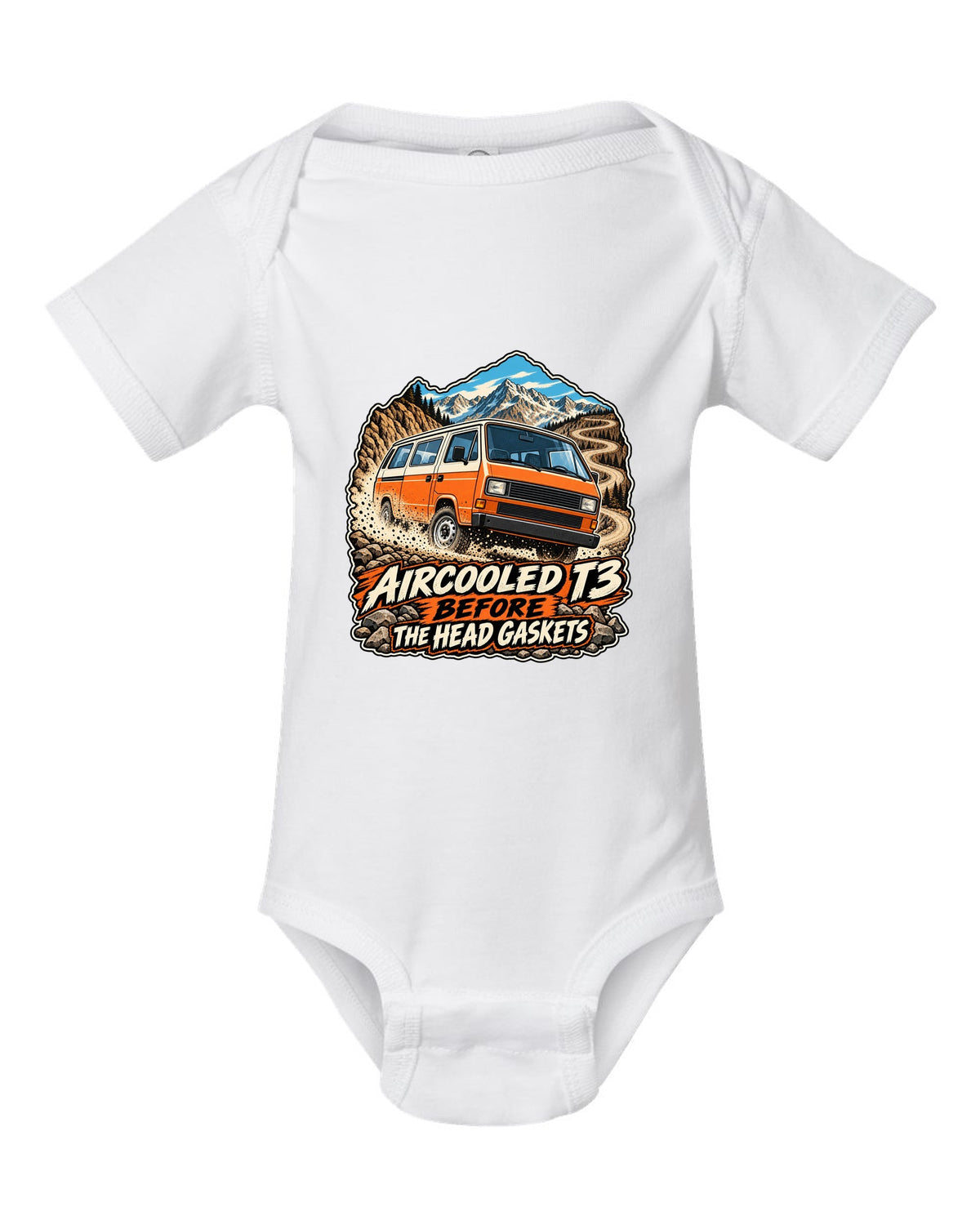 Vintage race poster style VW Vanagon T3 on a dusty pass with aircooled T3 before the head gaskets text white baby onesie front view with the design