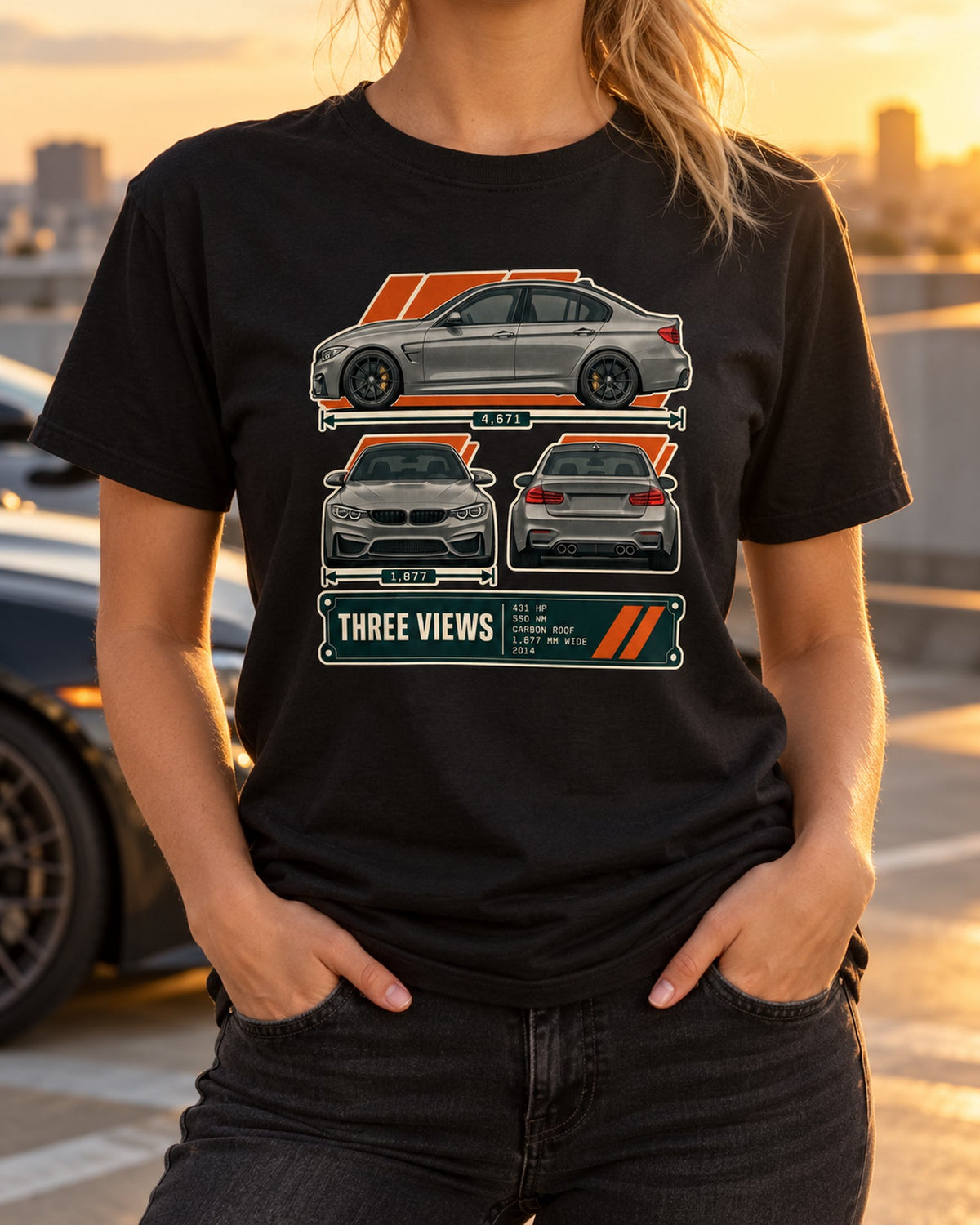 BMW M3 F80 Three-View Spec Sheet Shirt for Owners T-Shirt Black worn hero
