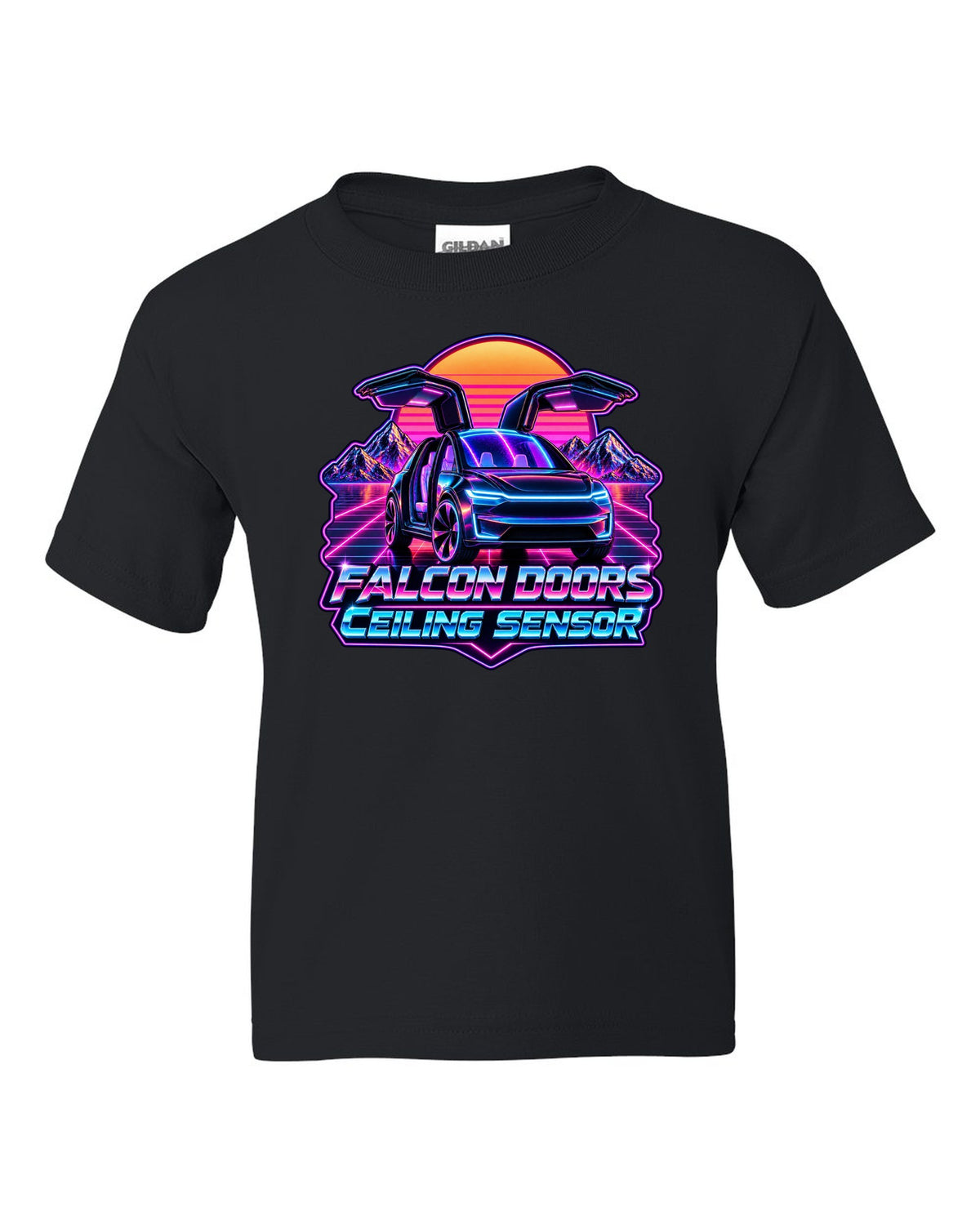 Synthwave outrun print of a Tesla Model X with falcon doors reading Falcon Doors Ceiling Sensor black kids tee front view with the design
