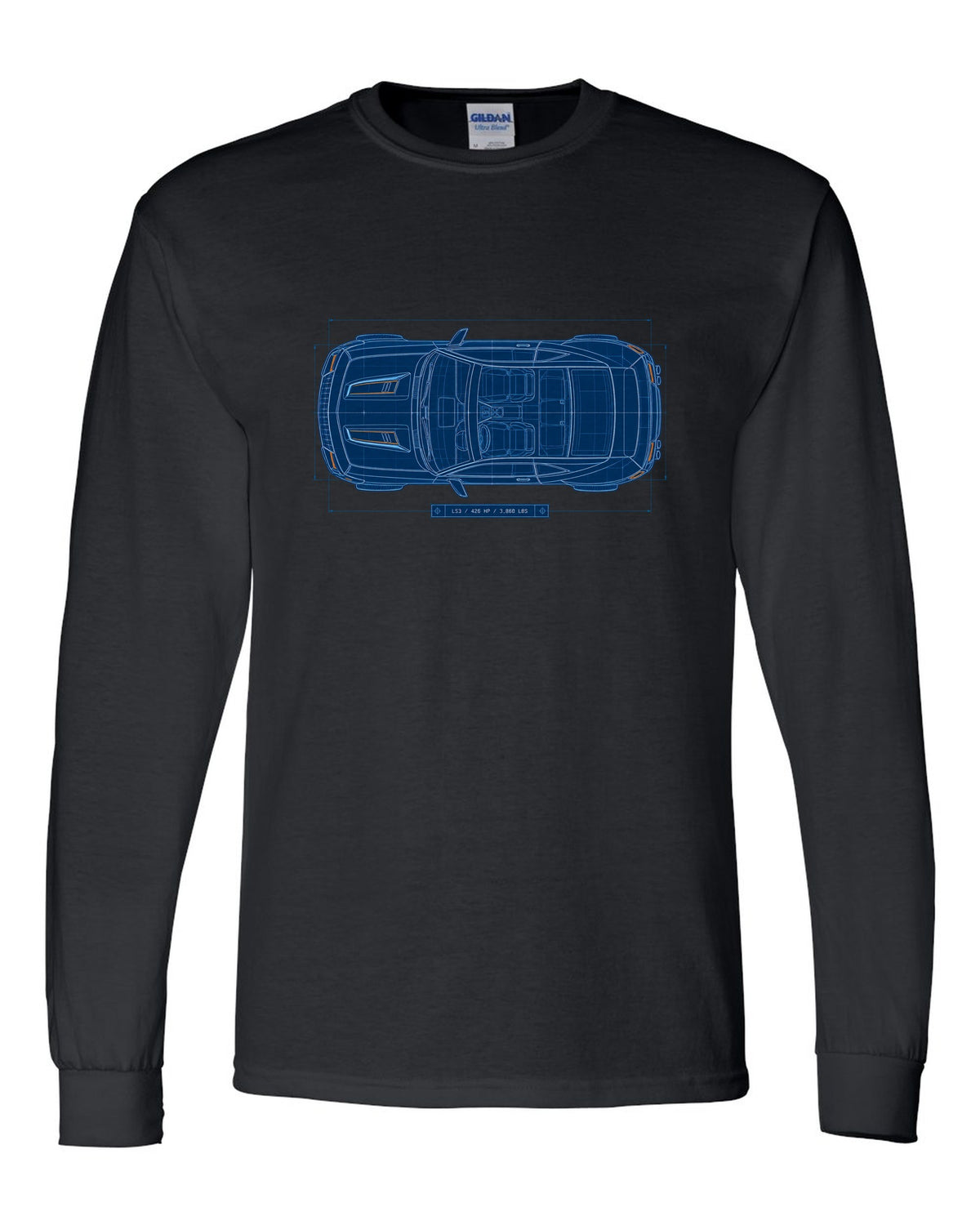 2010 Camaro SS fifth-generation top view blueprint line art with LS3 426 HP 3,860 lbs text black long sleeve front view with the design