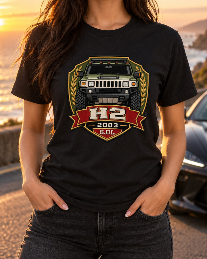 Hummer H2 Varsity Shield Shirt, 2003 6.0L Truck Car Guy Gift T-Shirt Black worn hero