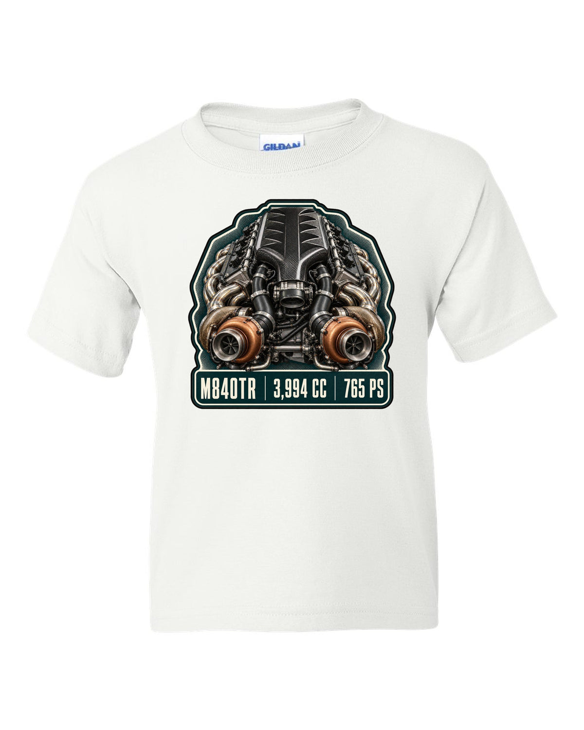 Engine hero print of the McLaren 765LT M840TR V8 white kids tee front view with the design