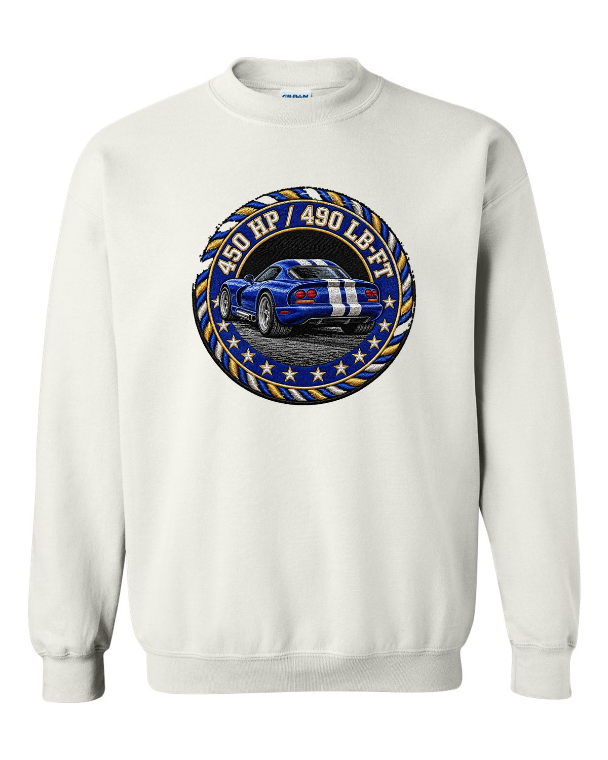 Blue embroidered varsity crest design for a 1996 Dodge Viper GTS SR II white crewneck front view with the design