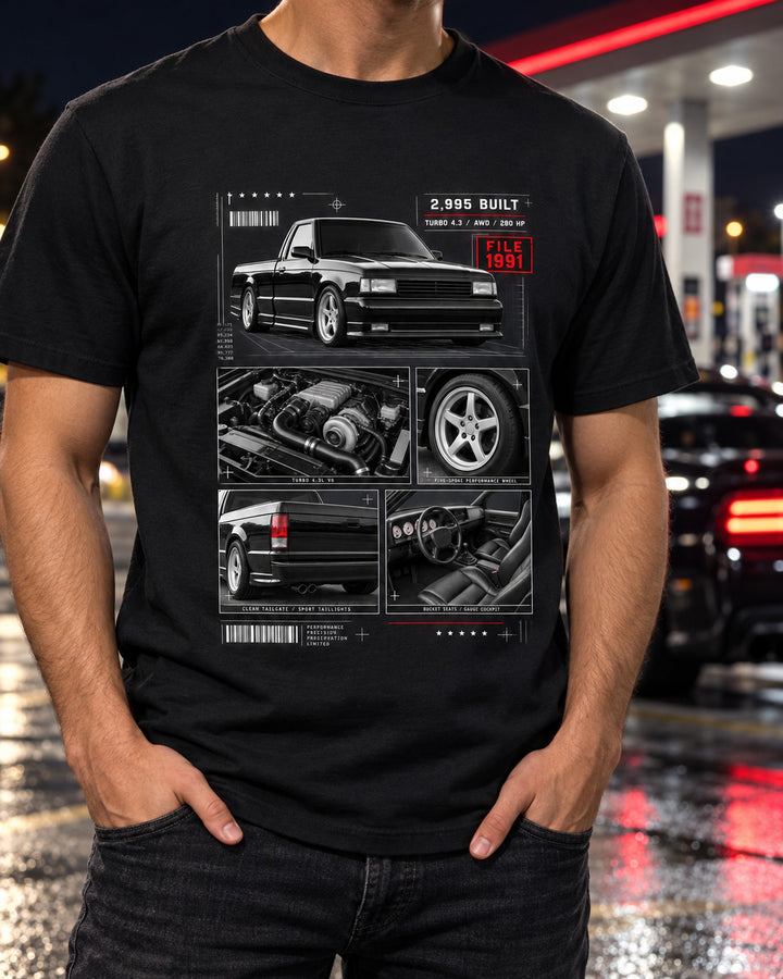 GMC Syclone 1991 Dossier Panel Tee, Turbo 4.3 Truck Fan Gift T-Shirt Black worn hero