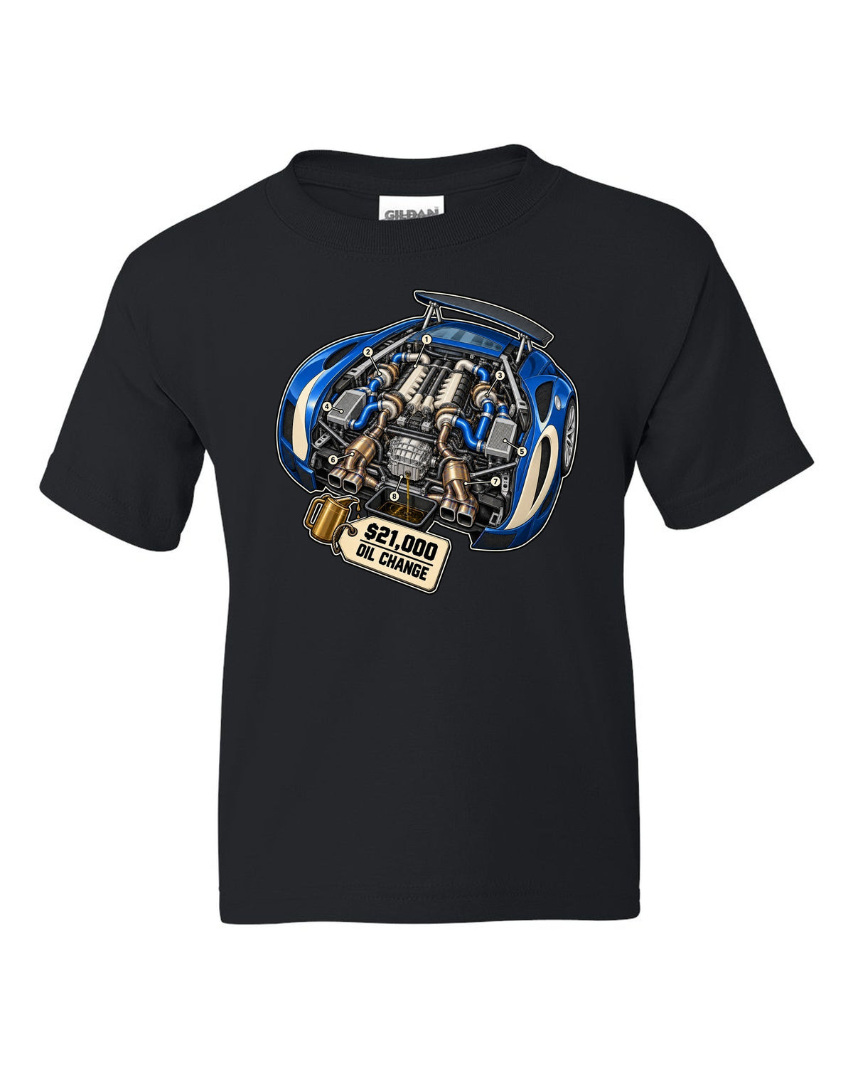 Exploded cutaway diagram print of the Bugatti Veyron 16.4 W16 engine with oil change lettering black kids tee front view with the design