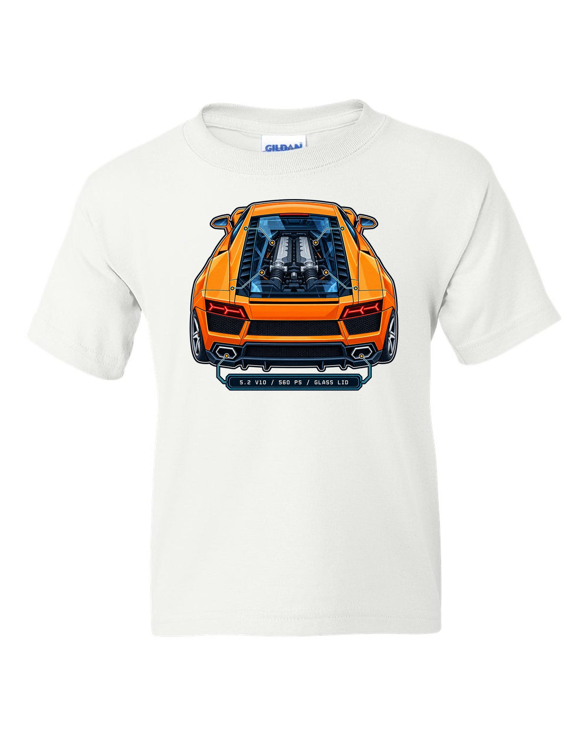 Patent-style technical drawing of a Lamborghini Gallardo LP560-4 with V10 under glass white kids tee front view with the design