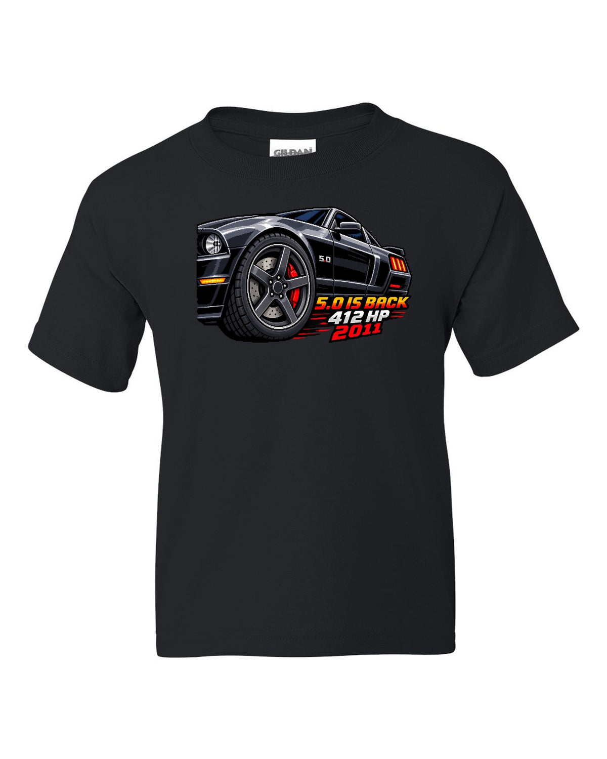 16-bit pixel art print of a Ford Mustang S197 GT wheel with 5.0 is back 412 HP text black kids tee front view with the design