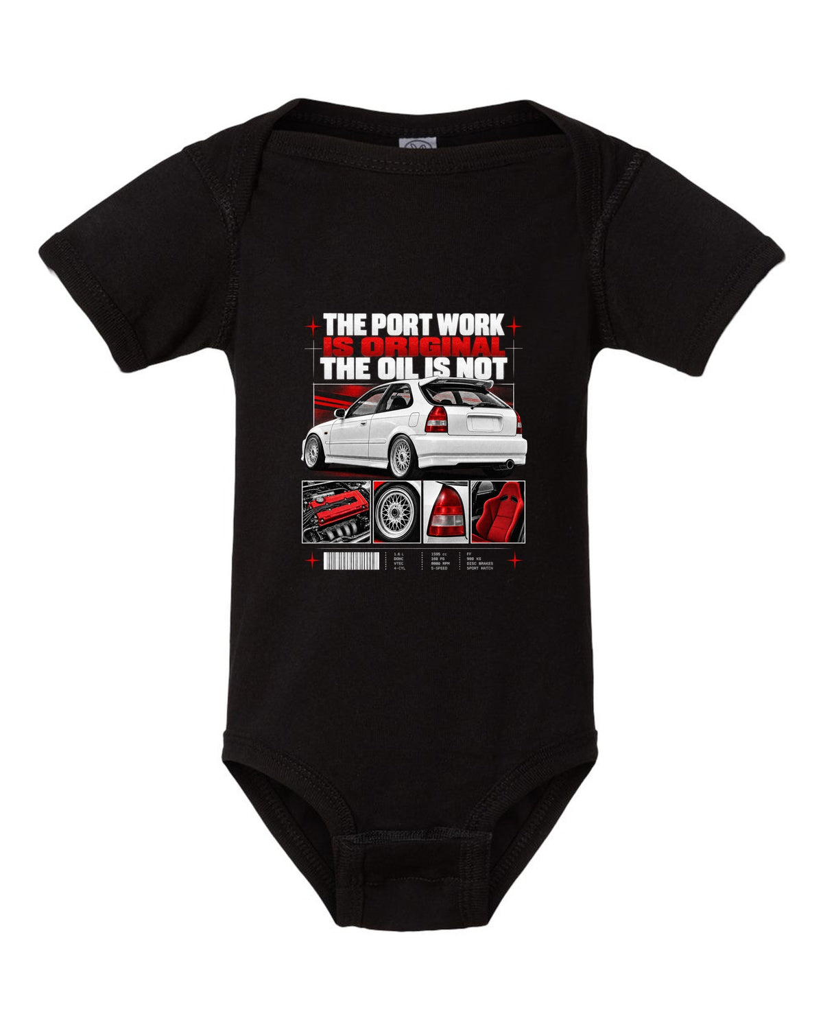 Dossier panel print of a 1998 Honda Civic EK9 chback with port work text black baby onesie front view with the design