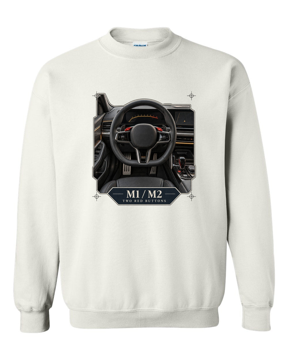 BMW M5 G90 cockpit and gauge cluster print on a tee white crewneck front view with the design