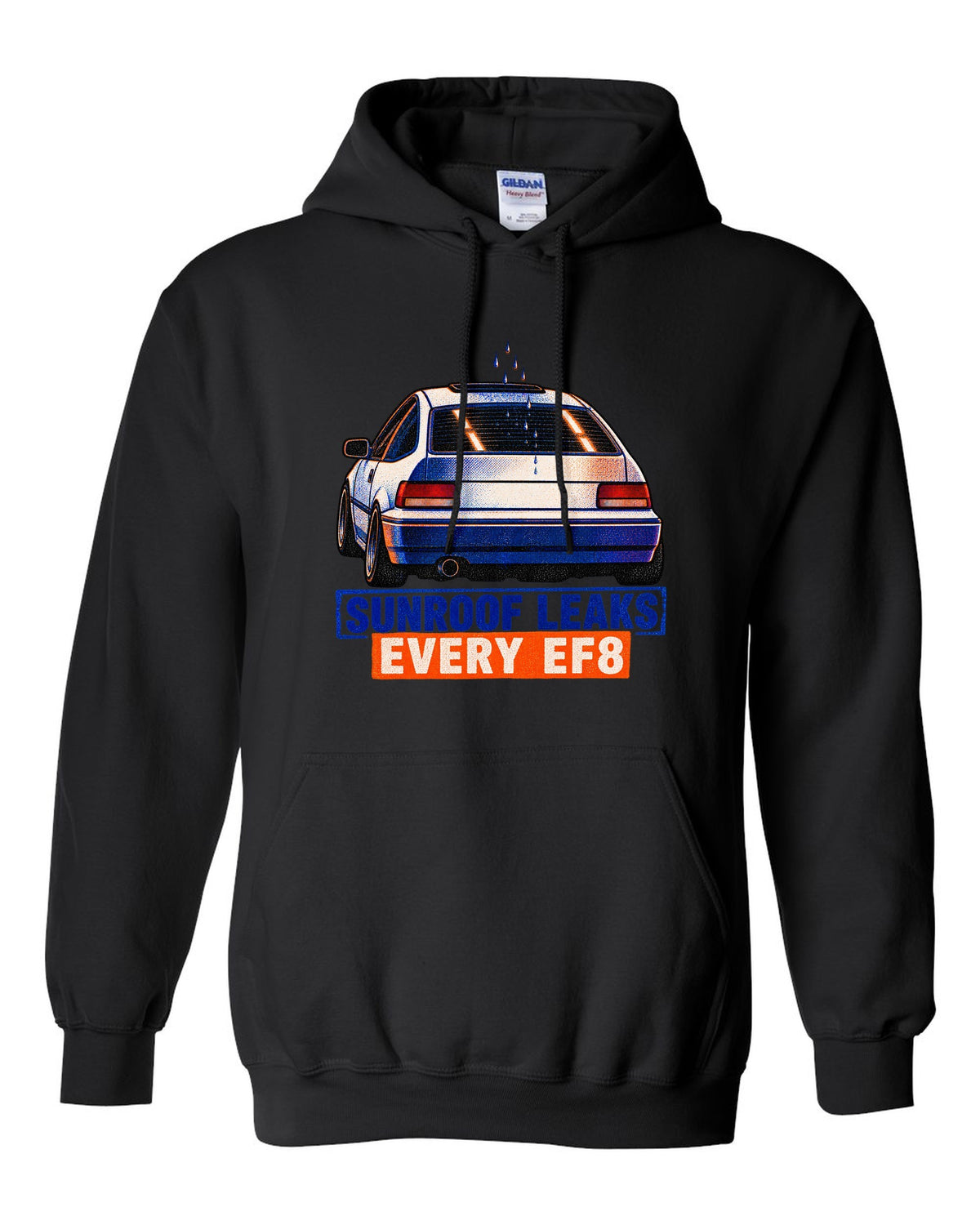 Risograph-style Honda CRX EF8 Si print with sunroof leak joke text black pull over hoodie front view with the design