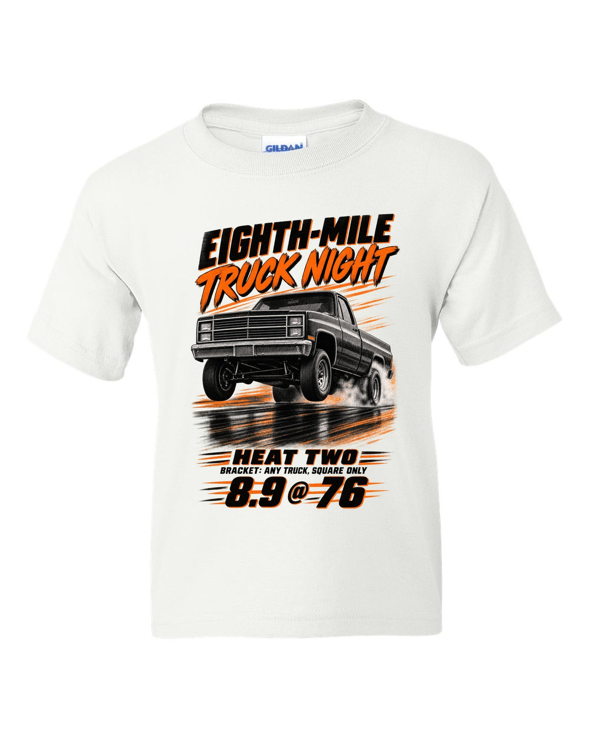 Squarebody C10 eighth-mile race poster print white kids tee front view with the design