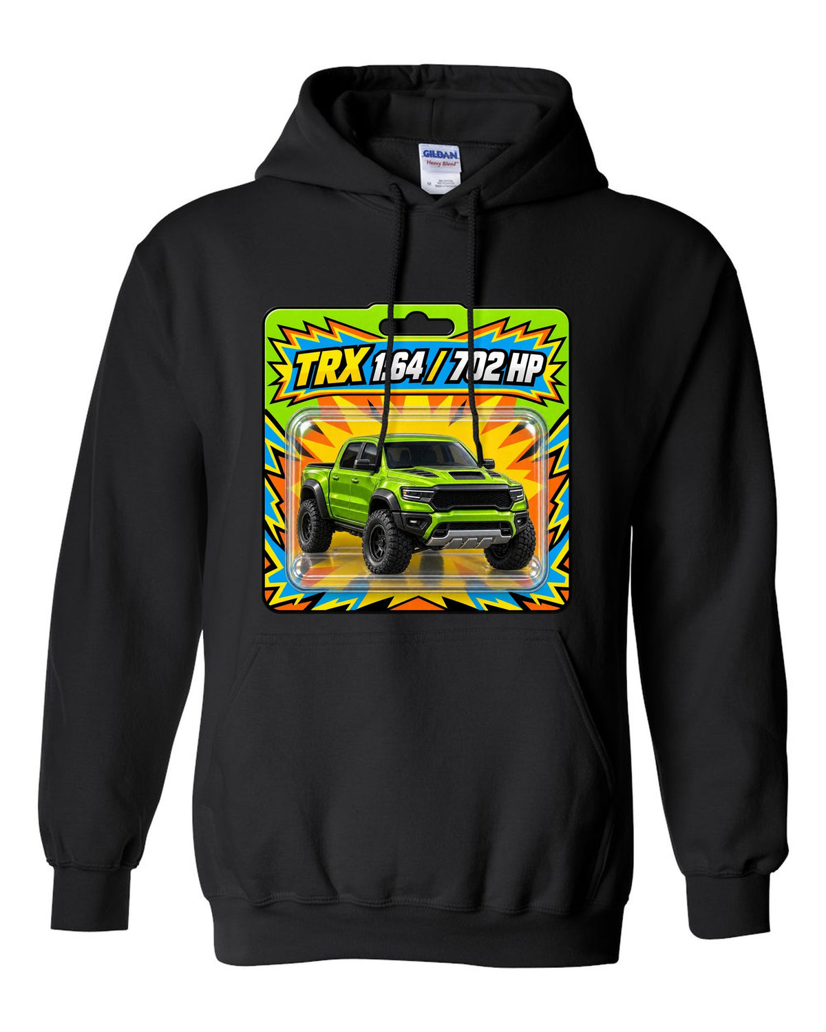 print of a 1:64 toy blister card featuring the Ram 1500 TRX with 702 HP black pull over hoodie front view with the design