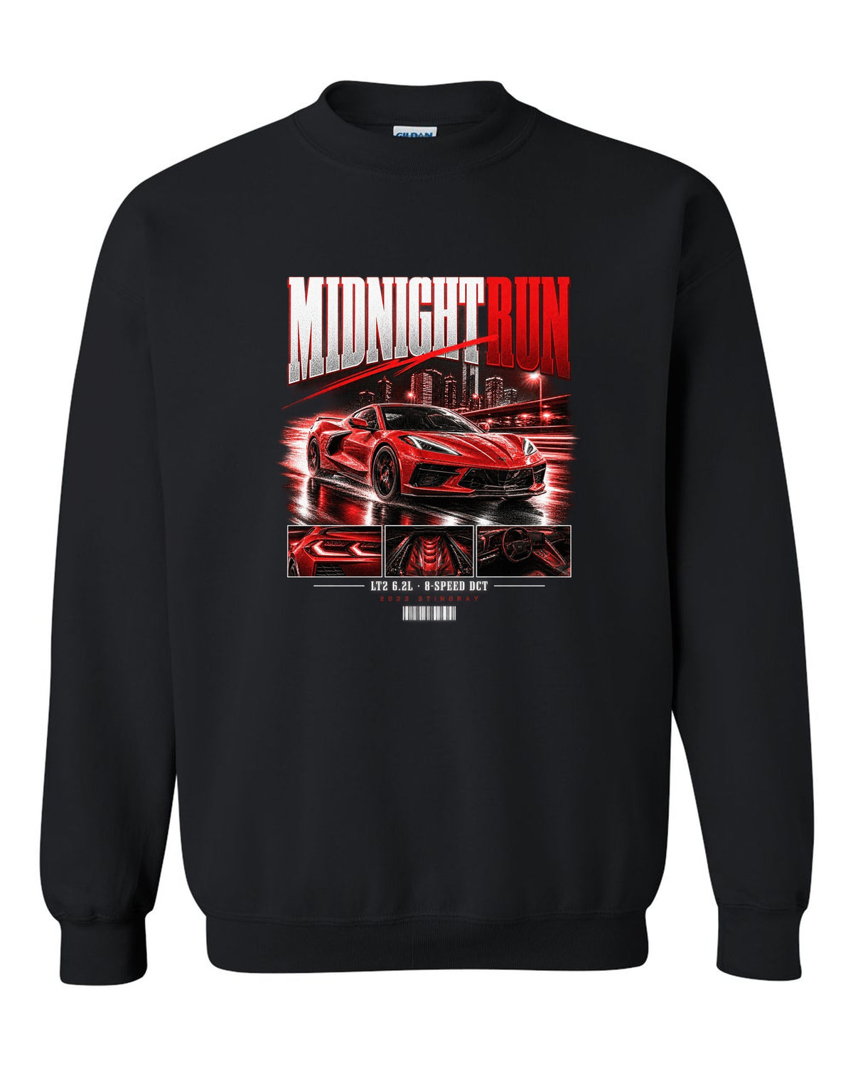 Corvette C8 Stingray 2023 widebody street poster Midnight Run black crewneck front view with the design