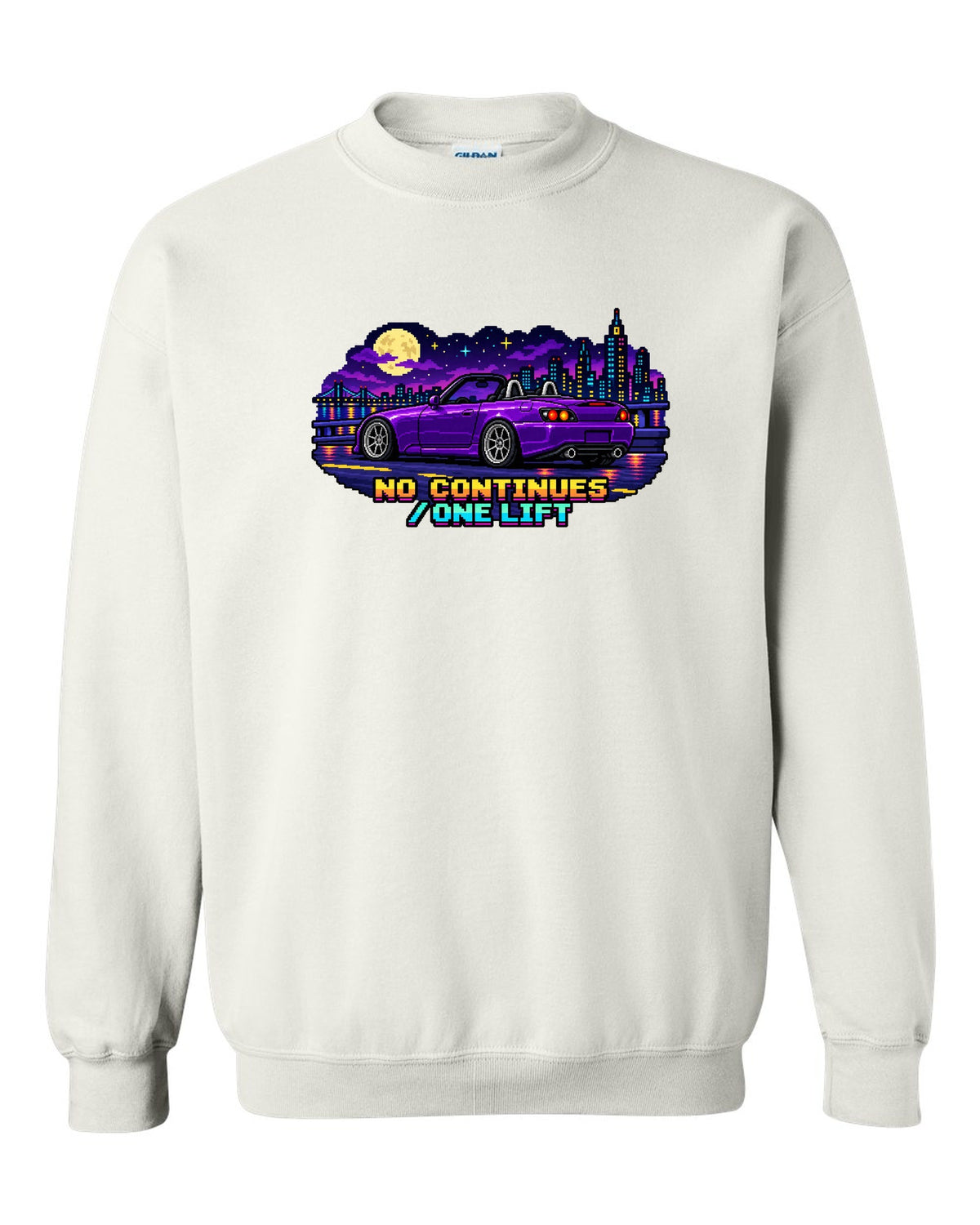 16-bit pixel art Honda S2000 AP2 roadster print with no continues one lift text white crewneck front view with the design