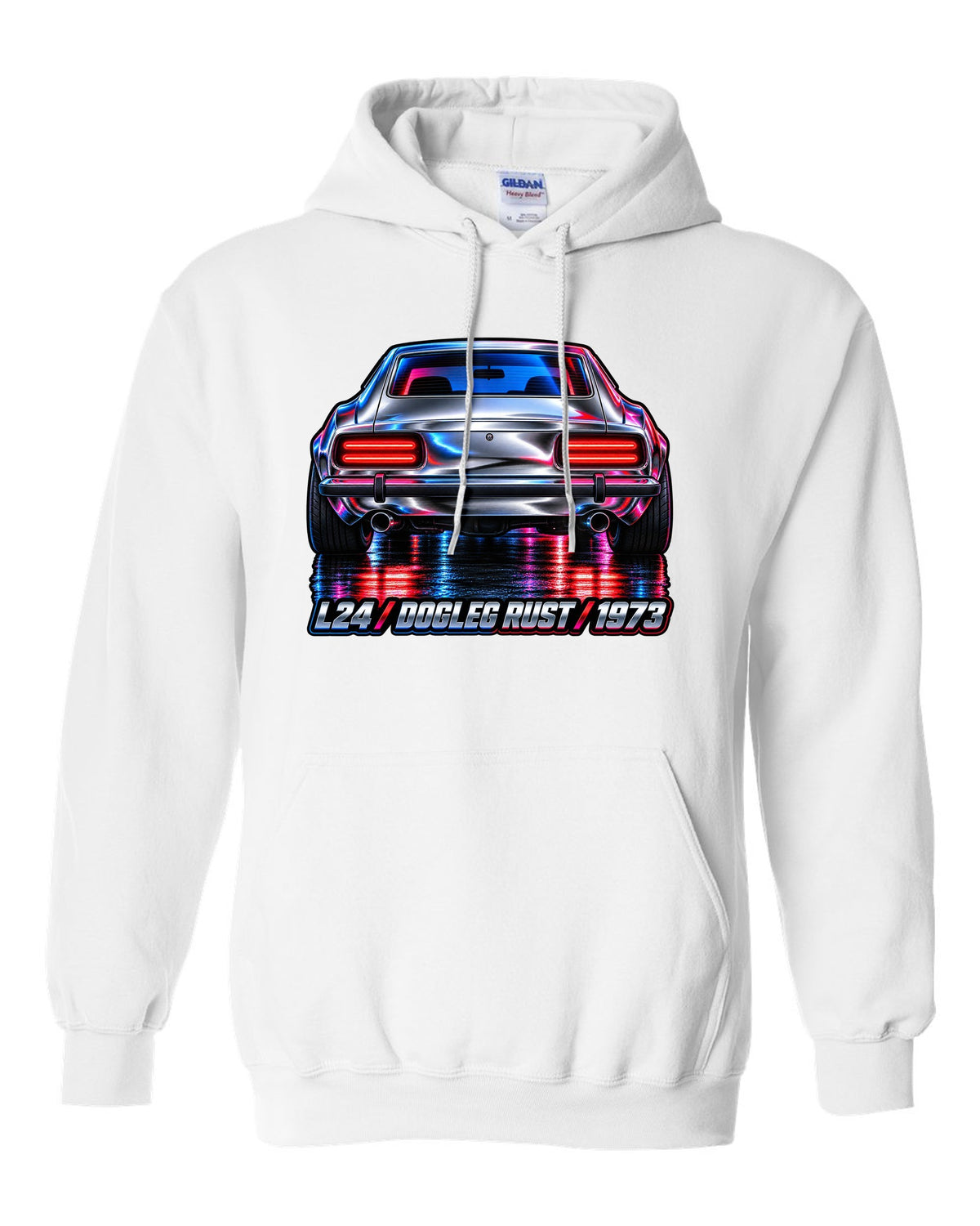 Airbrush chrome close-up of a 1973 Datsun 240Z rear taillights white pull over hoodie front view with the design