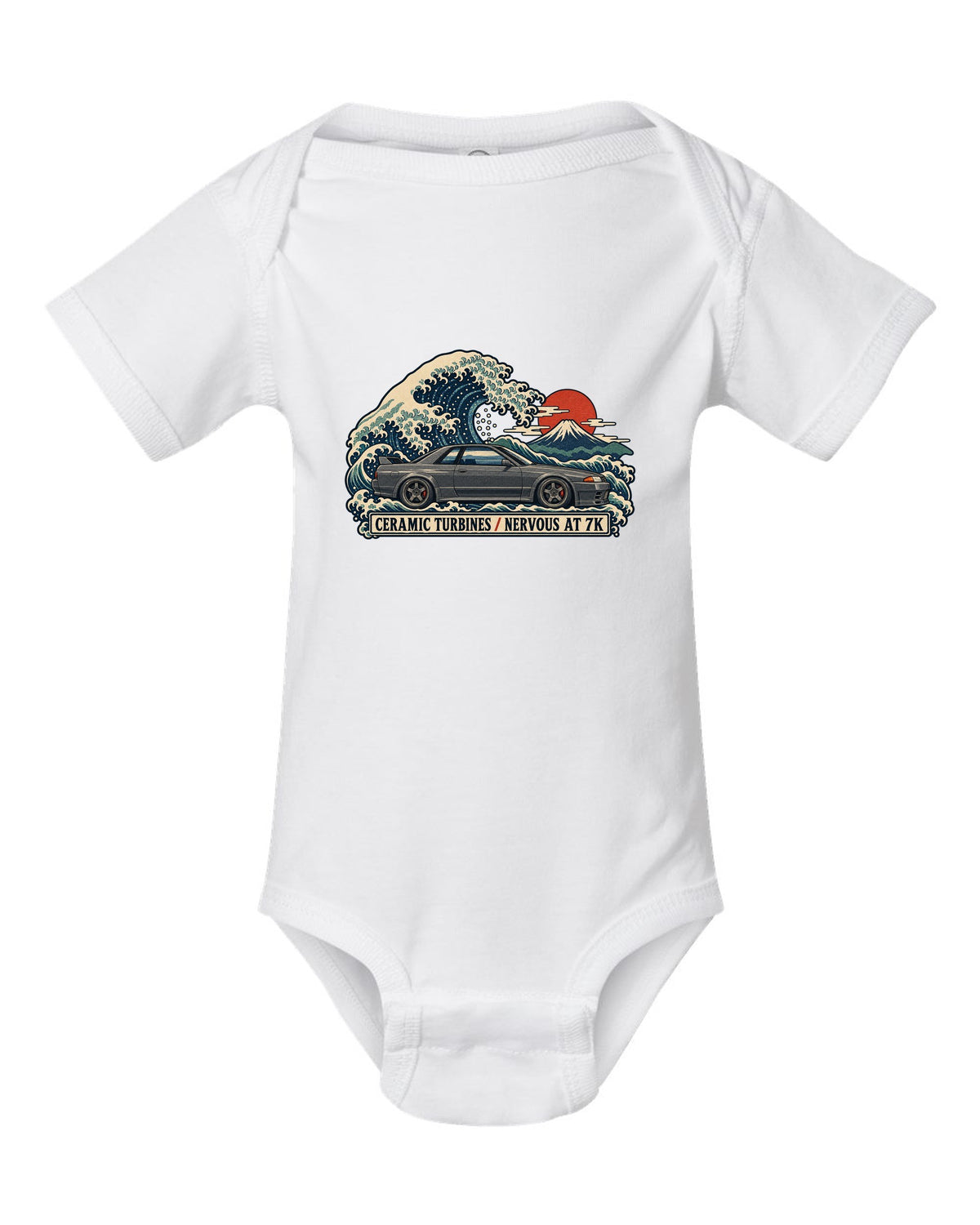 Ukiyo-e woodblock print of a gun grey Nissan Skyline GT-R R32 BNR32 on a wave white baby onesie front view with the design
