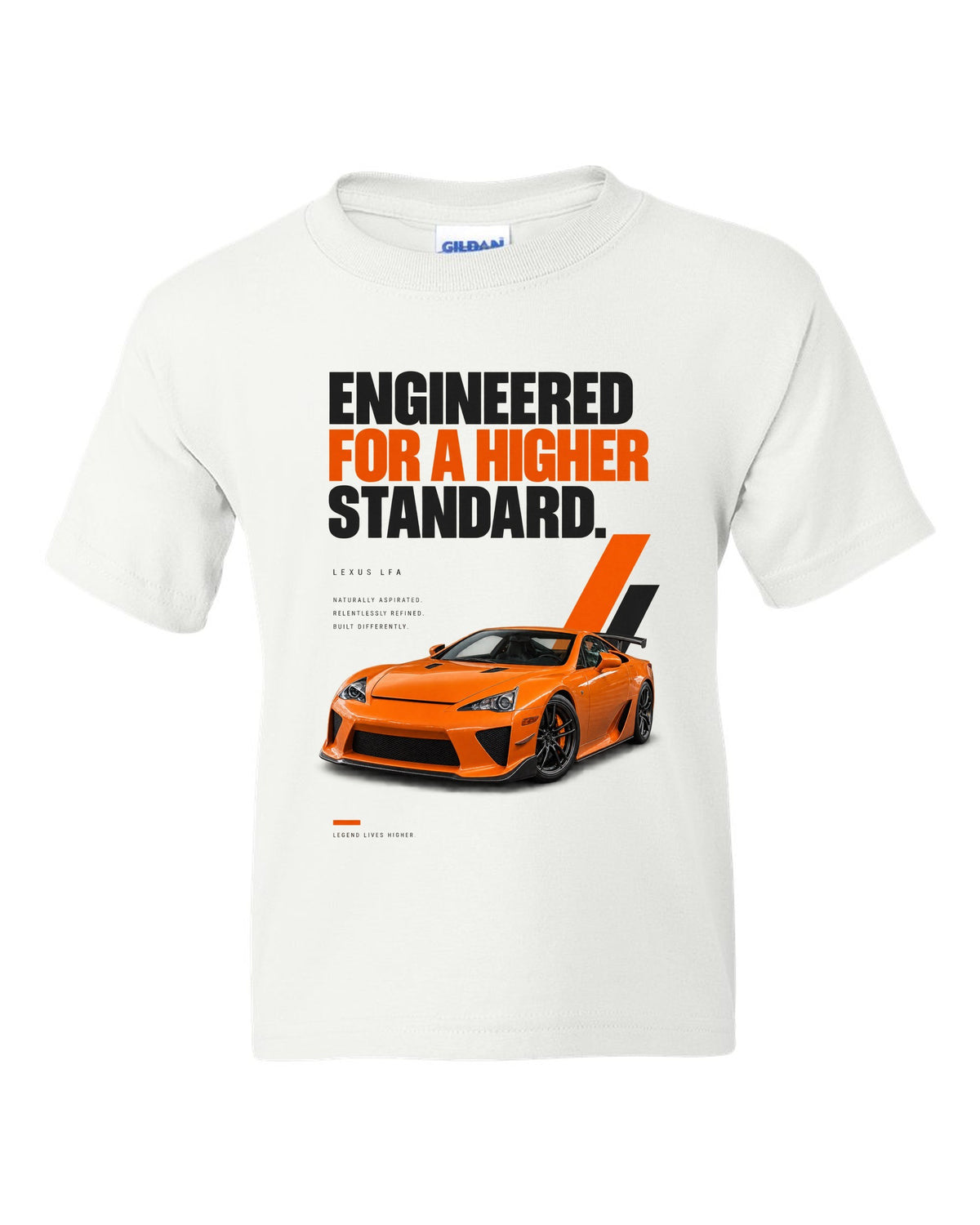 Magazine headline layout featuring the Lexus LFA and its digital tachometer white kids tee front view with the design