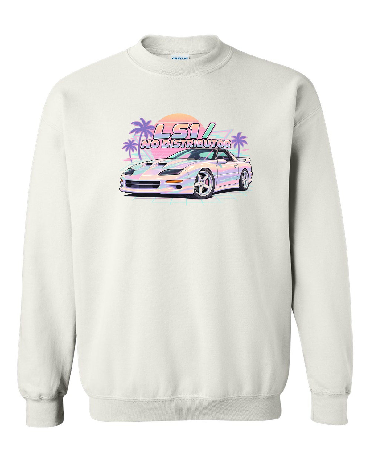 1998 Camaro SS fourth-generation on a pastel vaporwave grid with the text LS1 No Distributor white crewneck front view with the design