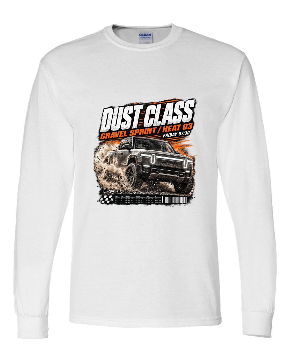 Rivian R1T Gen 2 2025 race poster reading Dust Class, gravel sprint, heat 03 white long sleeve front view with the design