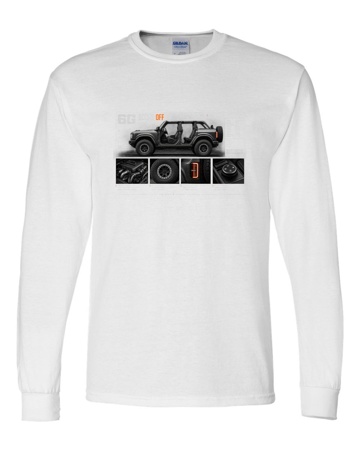 Ford Bronco 6G four-door dossier panel print with doors off, roof off text white long sleeve front view with the design