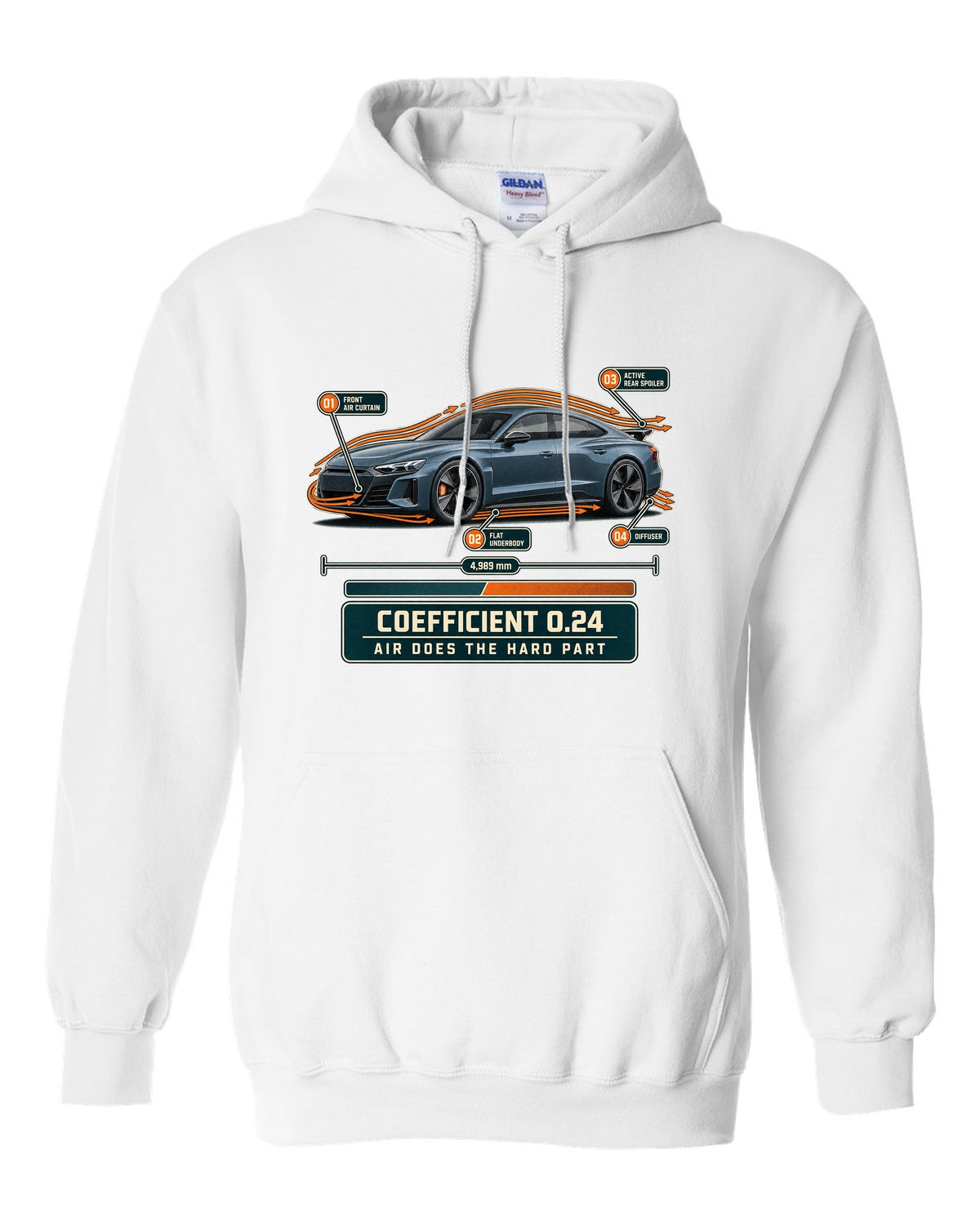 Audi RS e-tron GT aero callouts with airflow diagram print design white pull over hoodie front view with the design