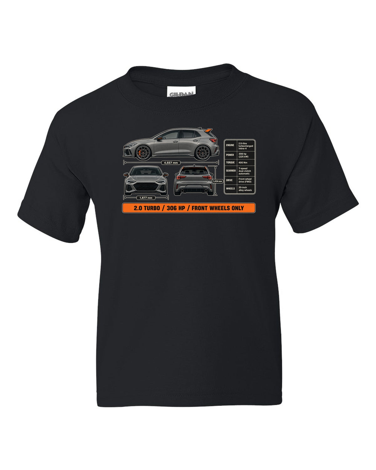 print three-view drawing of a Sonic Grey Honda Civic Type R FK8 black kids tee front view with the design