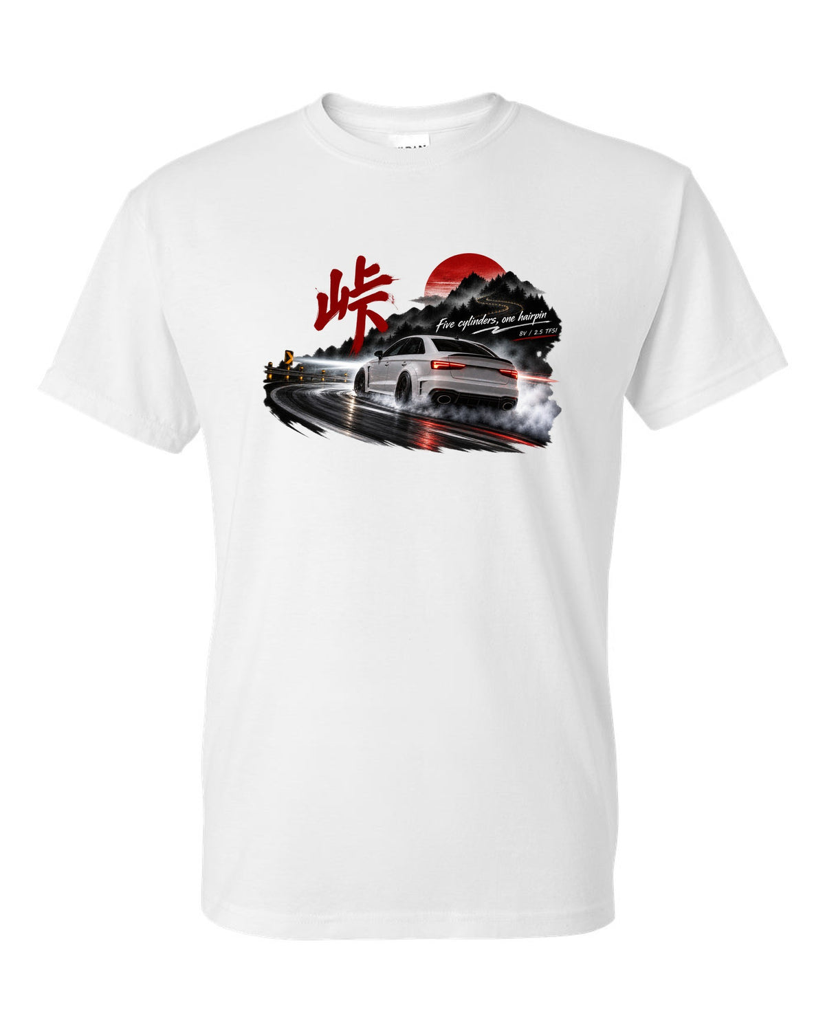 Audi RS3 8V sedan rear three-quarter sliding at night with touge kanji white t-shirt front view with the design