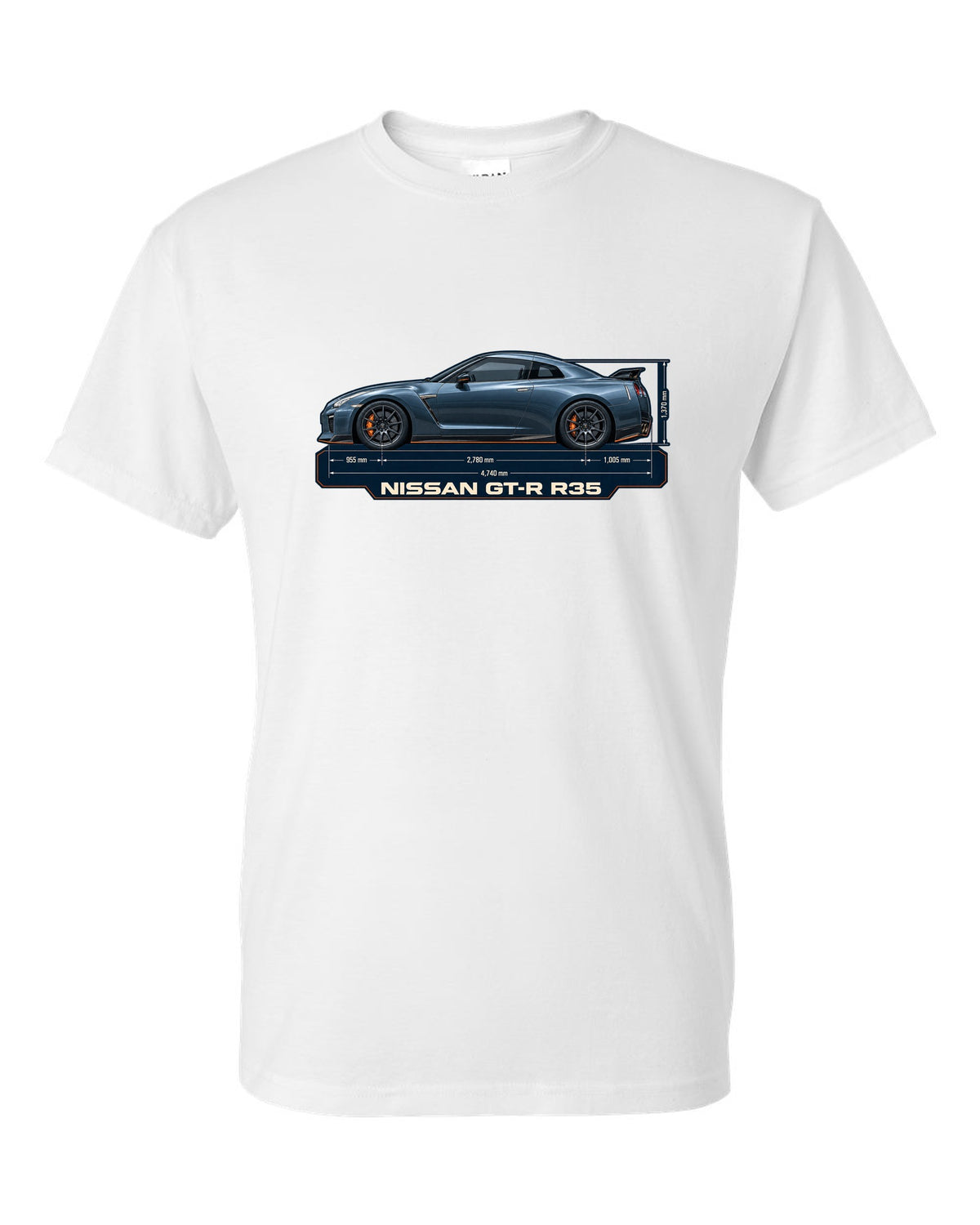 Nissan Z RZ34 Performance dimension blueprint in graphite blue white t-shirt front view with the design