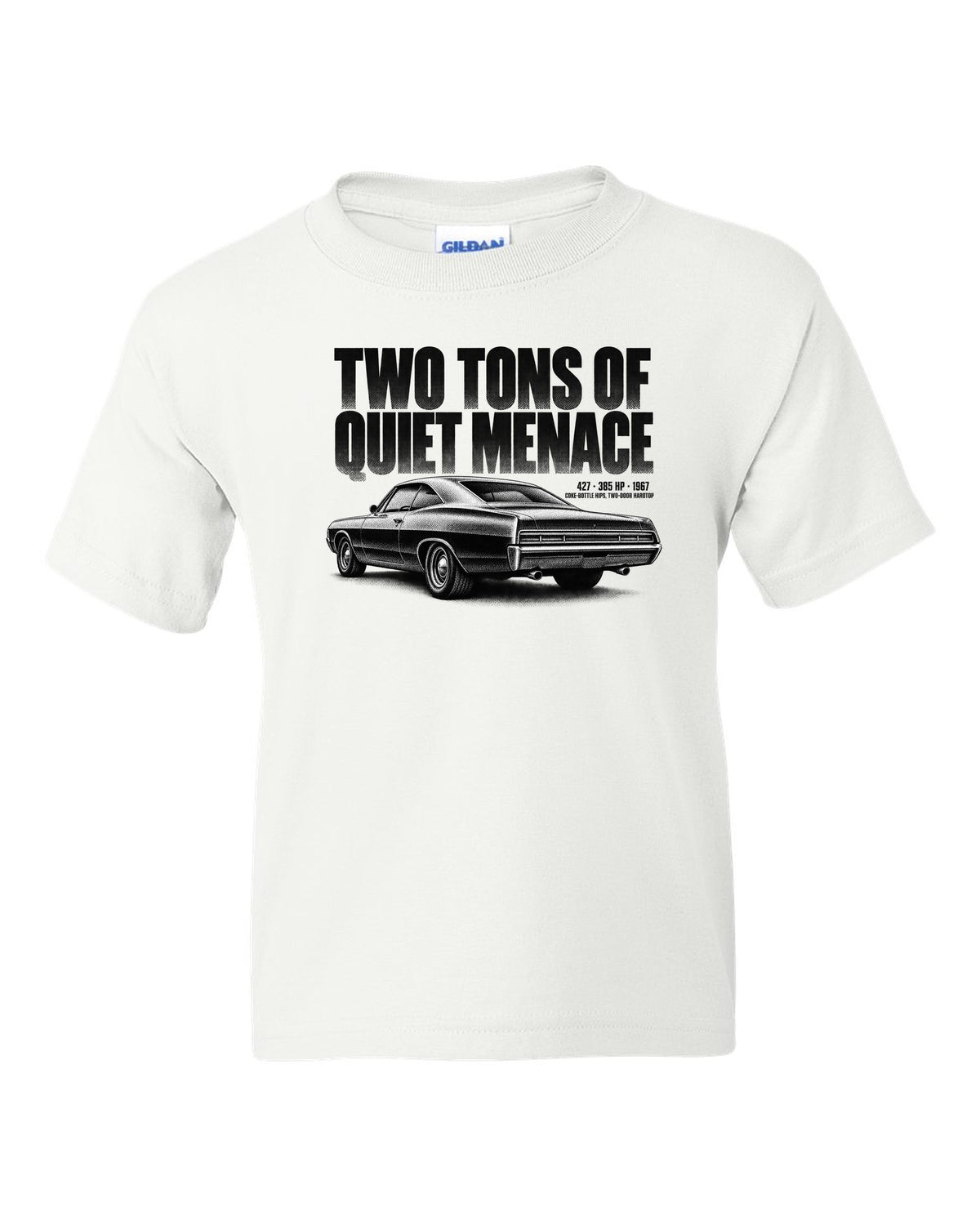1967 Impala SS 427 two-door hardtop halftone print with 385 HP text white kids tee front view with the design