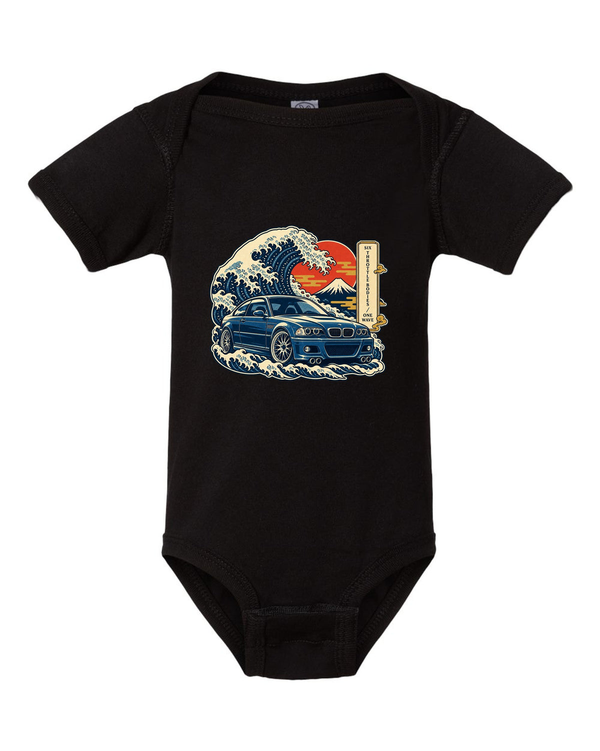 Ukiyo-e woodblock style print of a BMW E46 M3 coupe with six throttle bodies one wave text black baby onesie front view with the design