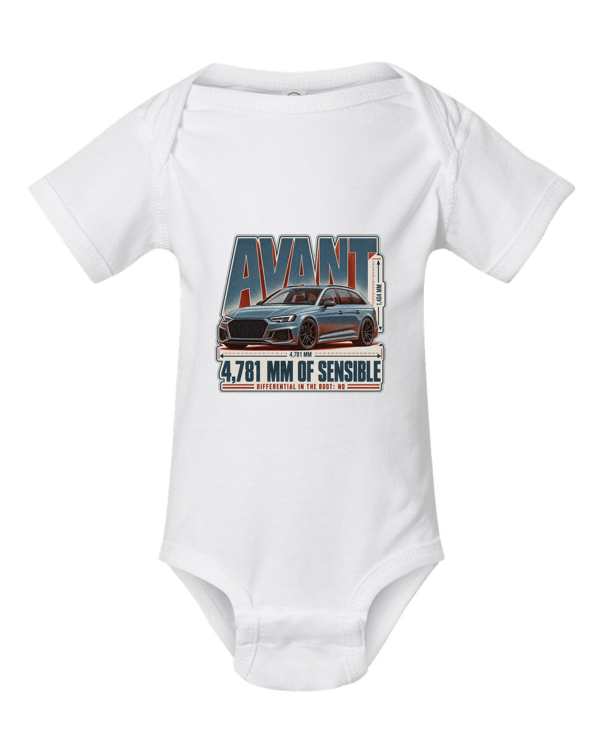 Audi RS4 Avant B9 halftone statement print with wagon text white baby onesie front view with the design