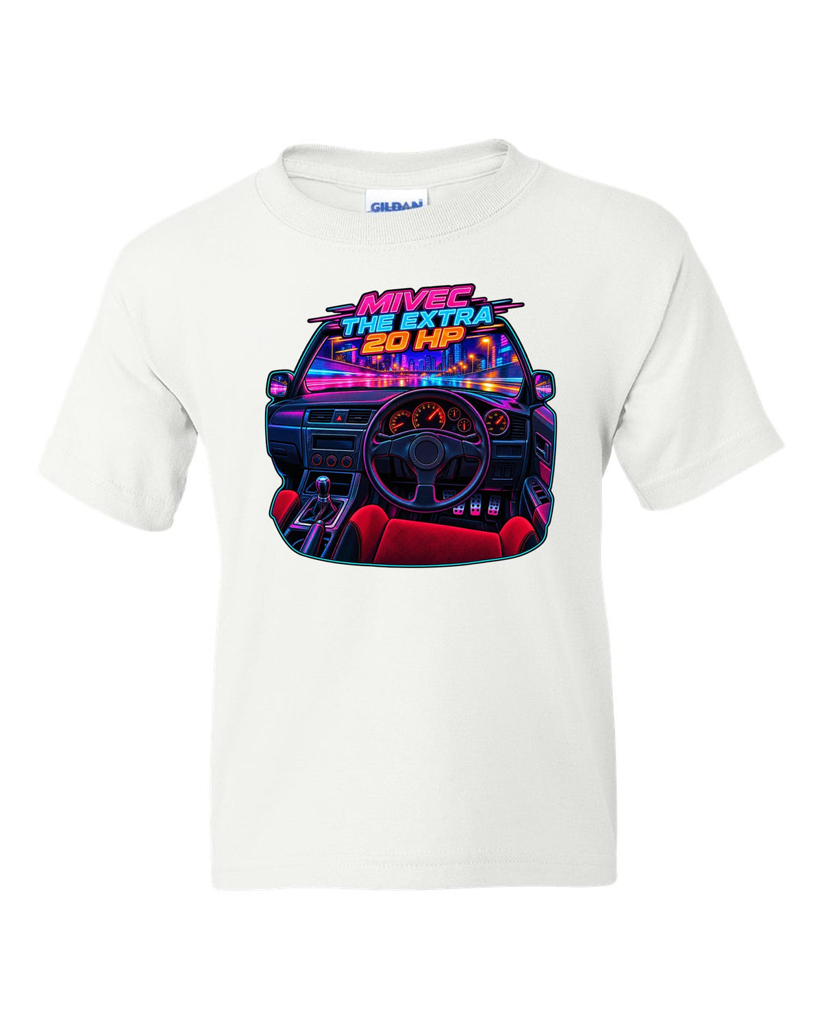 Neon cyberpunk gauge cluster cockpit of a Mitsubishi Lancer Evolution IX MR white kids tee front view with the design