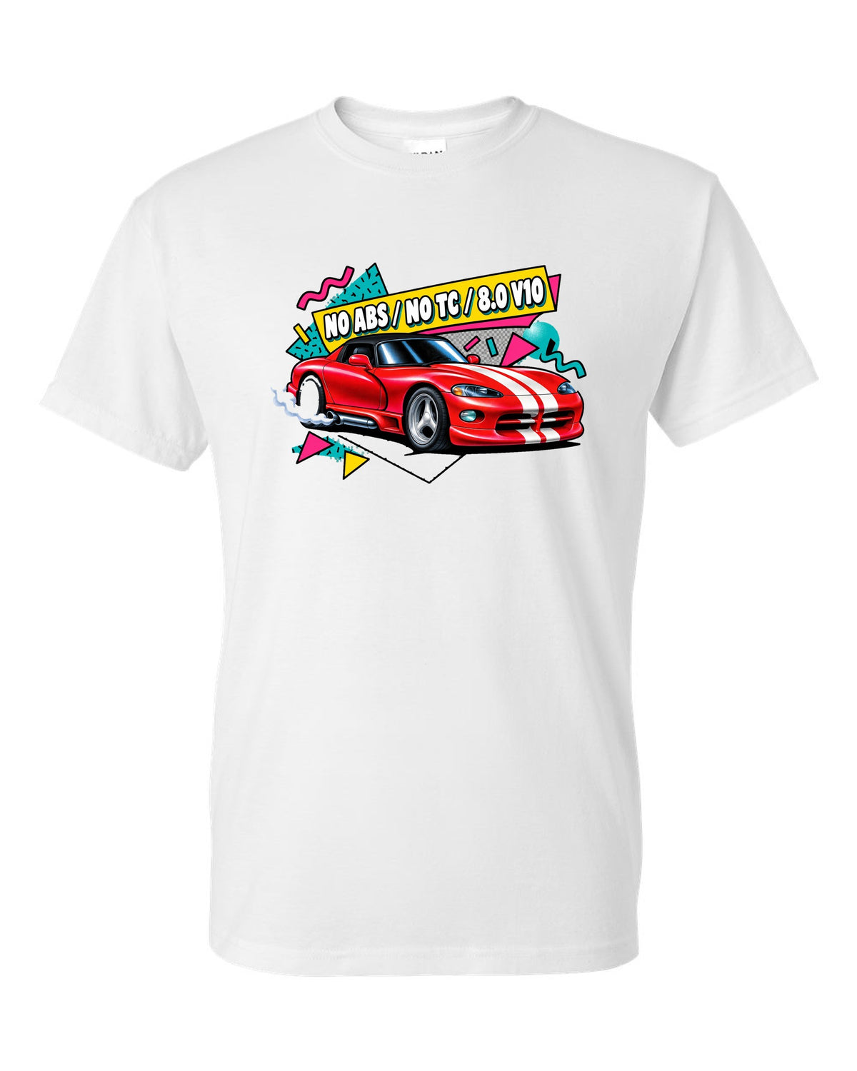 Airbrushed 90s Memphis grid design of a 1994 Dodge Viper RT/10 SR I white t-shirt front view with the design