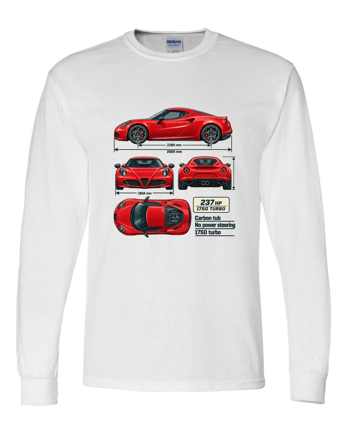Dimension blueprint print of the Alfa Romeo 4C coupe with carbon tub and 1750 turbo callouts white long sleeve front view with the design