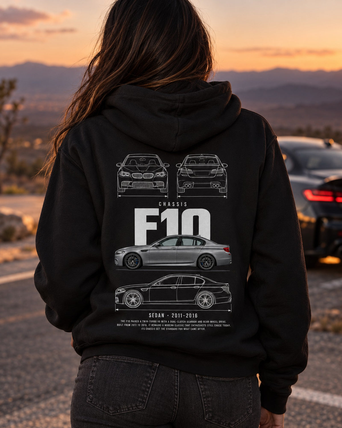 BMW F10 M5 sedan Blueprint Full-Back Graphic Tee, F10 Chassis Code Pull Over Hoodie Black worn hero