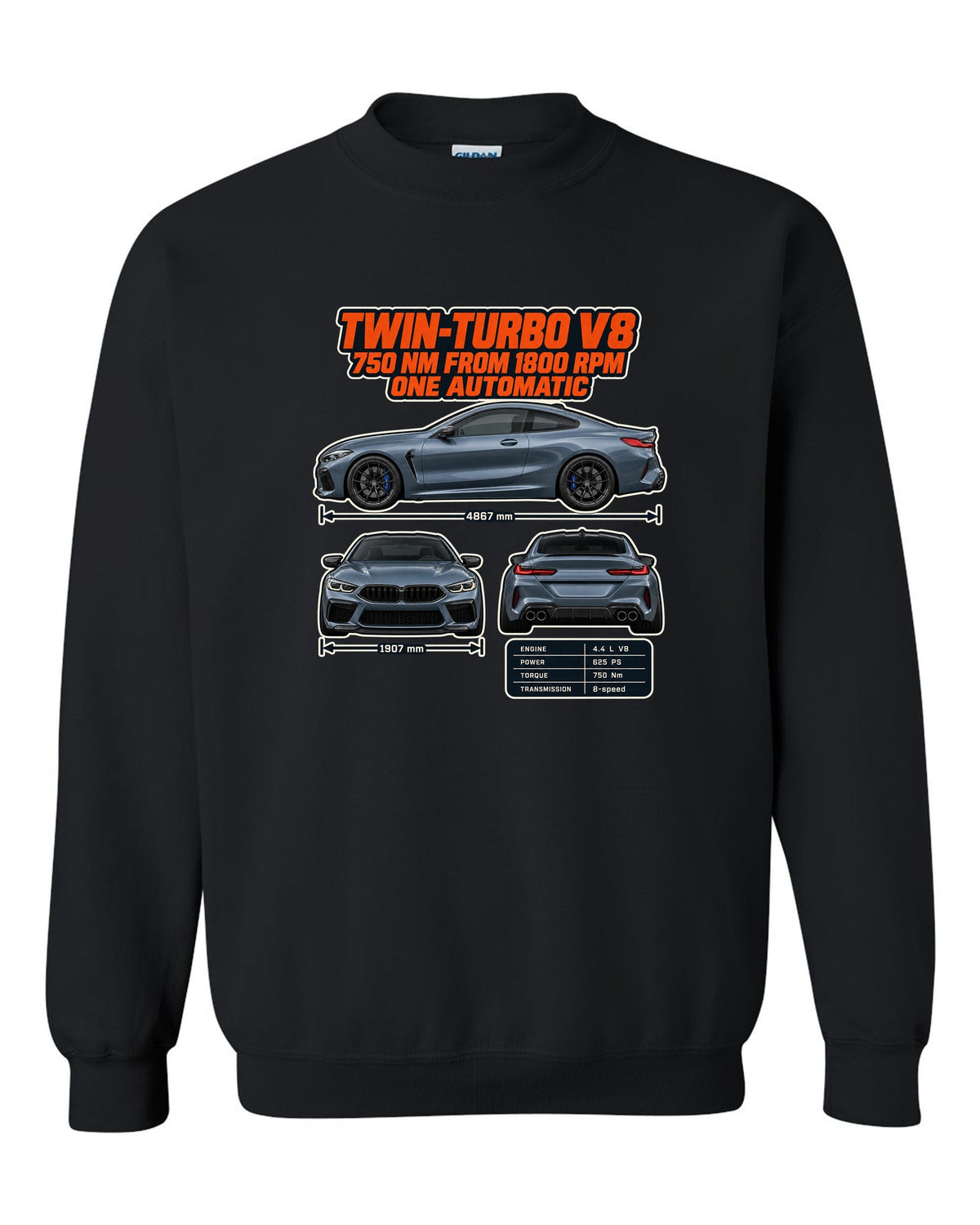 BMW M8 Competition Coupe F92 three-view and spec table print on a tee black crewneck front view with the design
