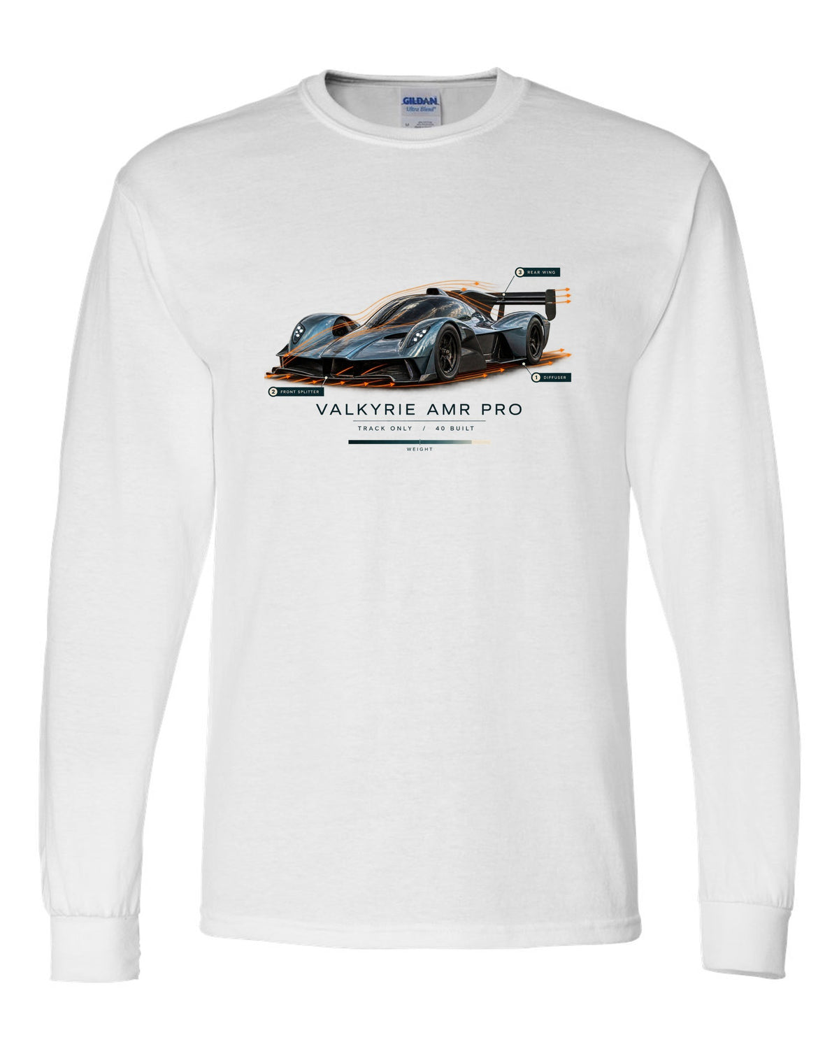 Aston Martin Valkyrie AMR Pro 2022 airflow cutaway print with track only 40 built text white long sleeve front view with the design