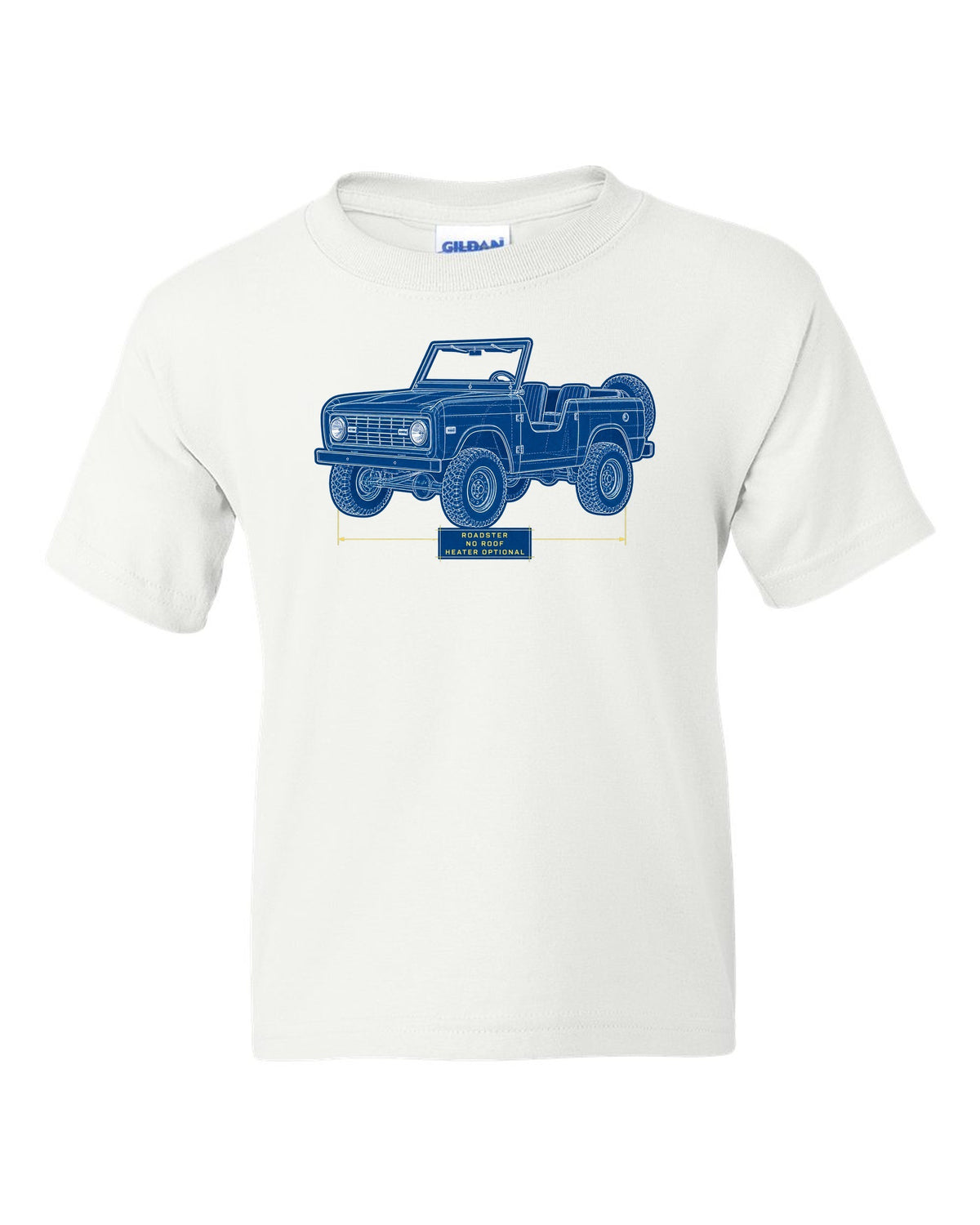 Cyanotype plan-view blueprint of a 1966 Ford Bronco U13 roadster on a trail map with NO ROOF lettering white kids tee front view with the design