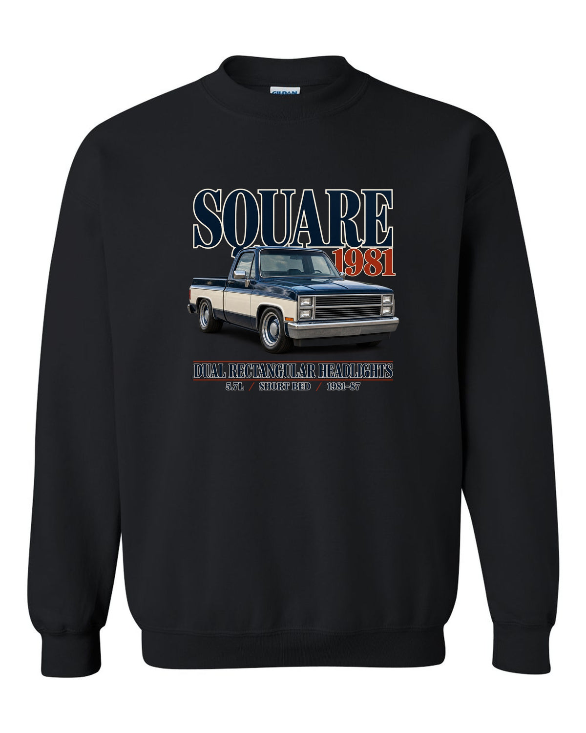 Editorial print of a 1981-87 Chevrolet C10 Squarebody in Silverado trim black crewneck front view with the design