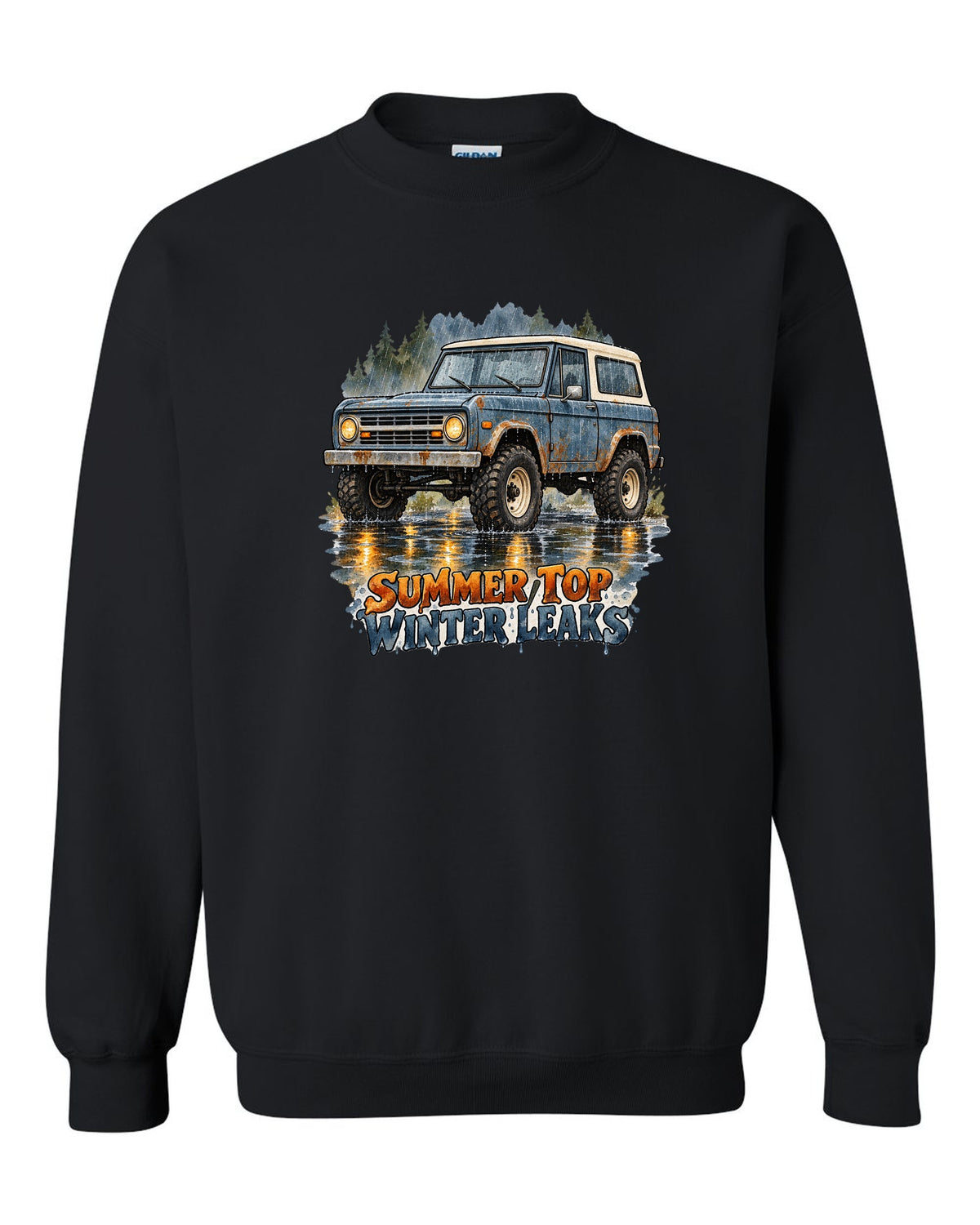 Watercolour wash print of a 1969 first-generation Chevrolet K5 Blazer with summer top winter leaks text black crewneck front view with the design