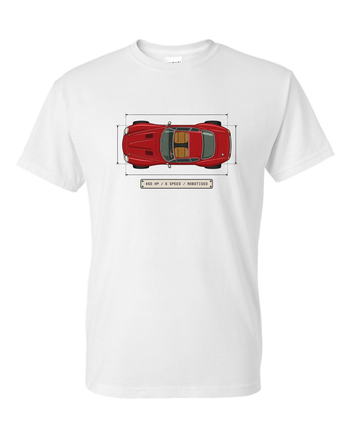 Spec sheet data plate for an Alfa Romeo 8C Competizione with 450 HP 6 speed robotised white t-shirt front view with the design