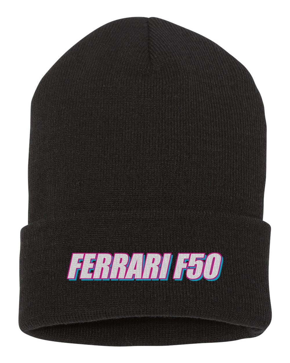 Ferrari F50 black beanie front view with car name