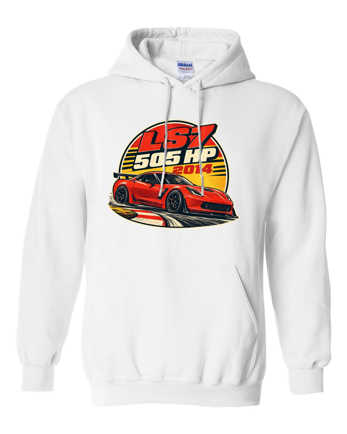 2014 Chevrolet Camaro Z/28 LS7 vintage race poster print with 505 HP text white pull over hoodie front view with the design