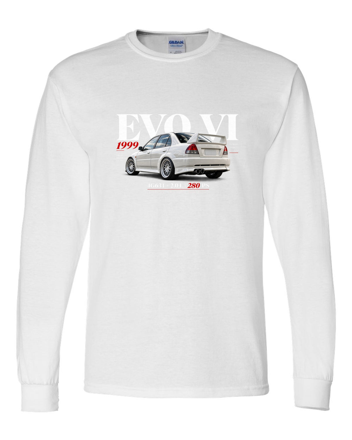 Mitsubishi Lancer Evolution VI TME CP9A editorial headline with 4G63T specs white long sleeve front view with the design
