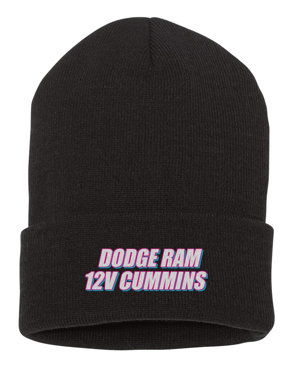 Dodge Ram 12V Cummins black beanie front view with car name